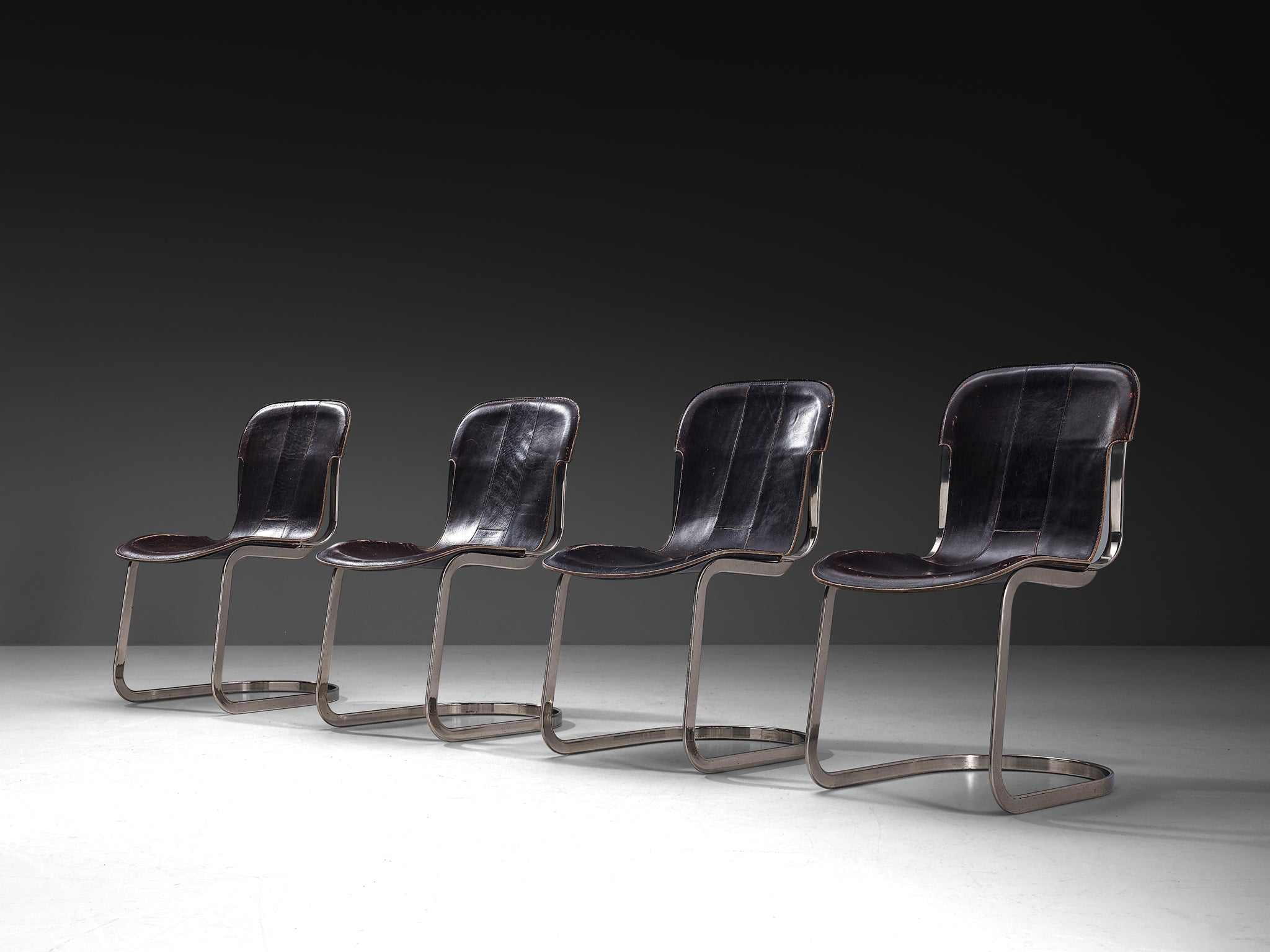 Cidue Set of Four Dining Chairs in Dark Brown Leather and Chrome Seating Morentz