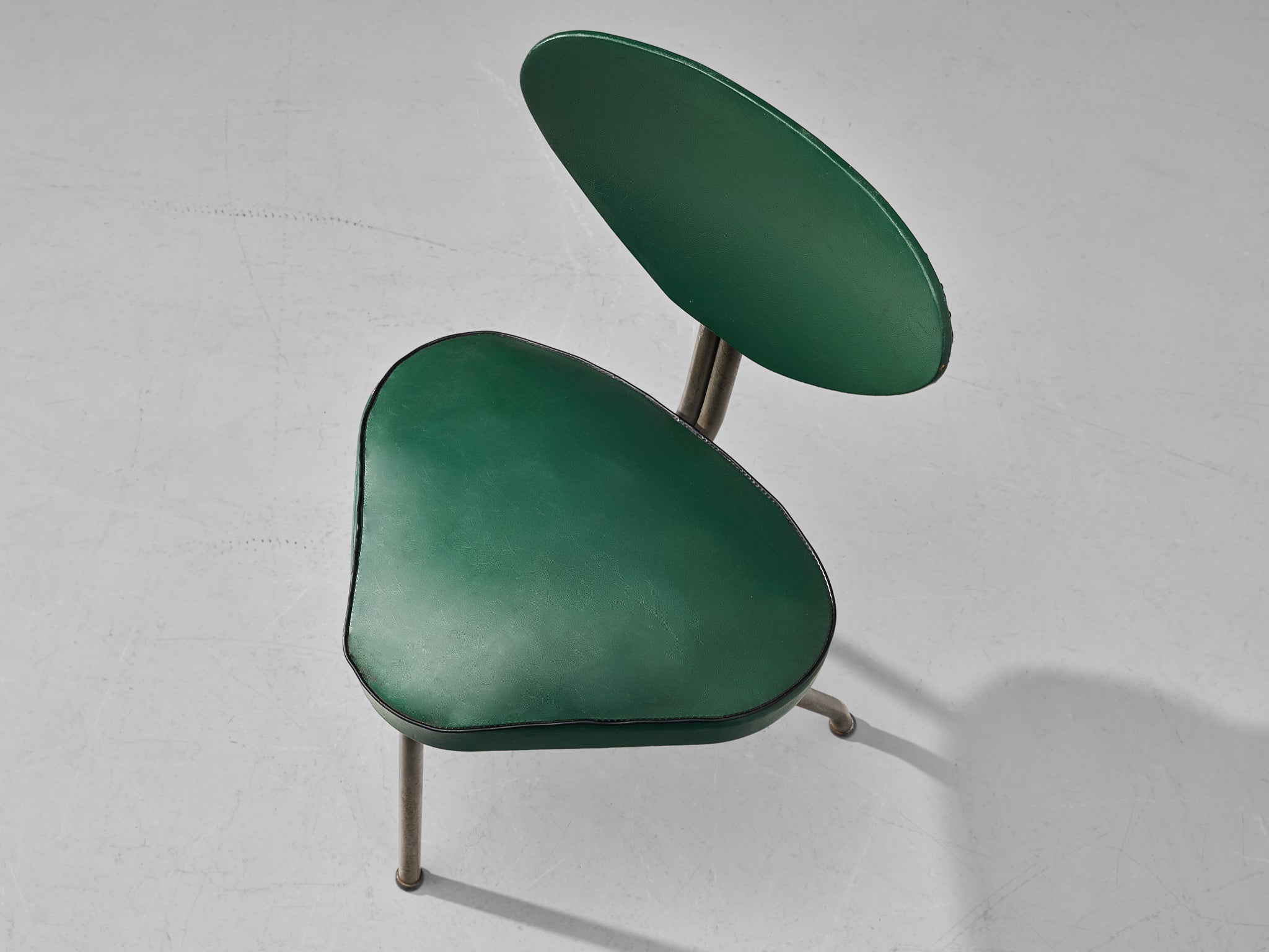 Pair of Tripod Chairs in Steel and Green Leatherette seating Morentz