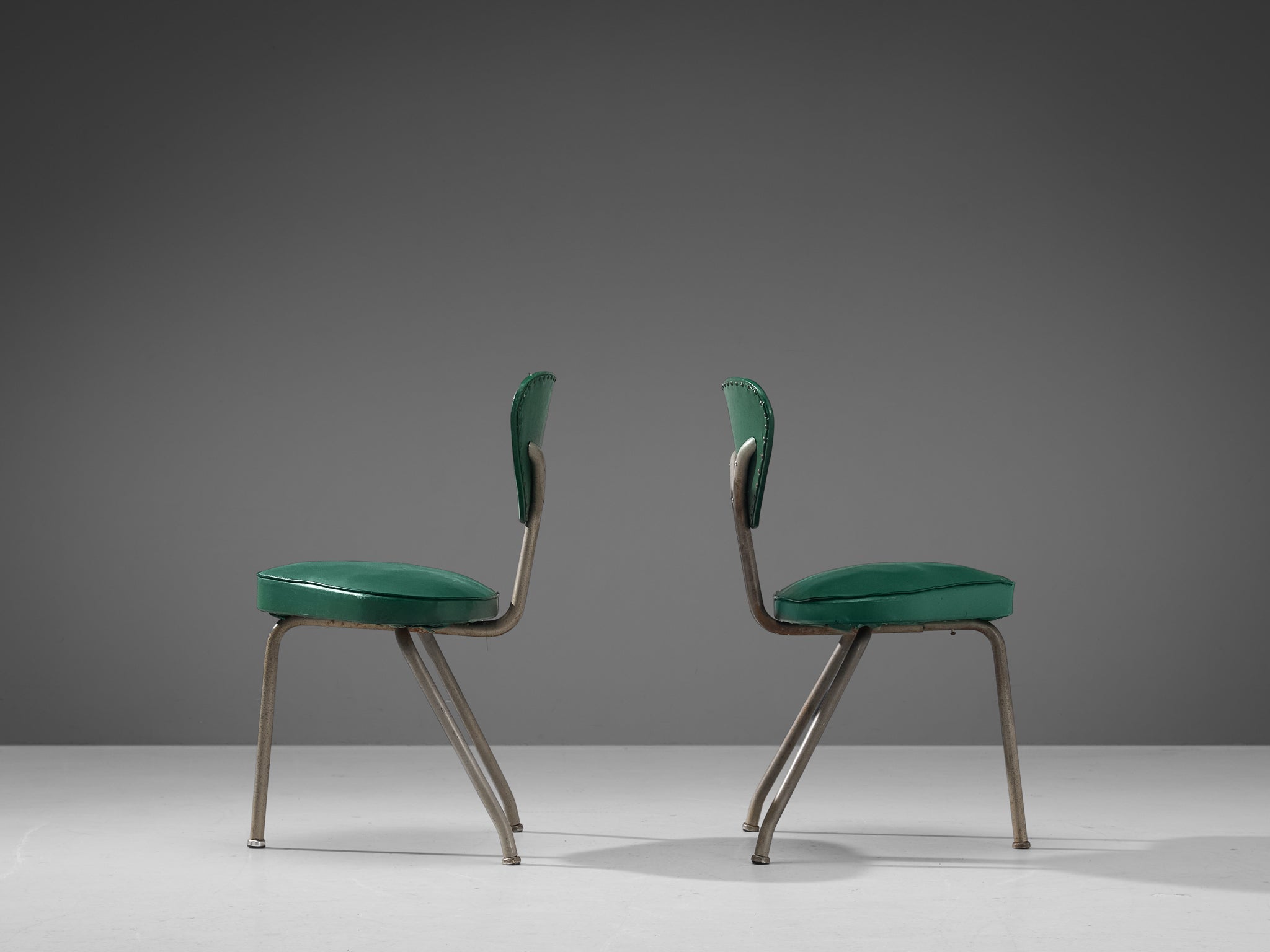 Pair of Tripod Chairs in Steel and Green Leatherette seating Morentz