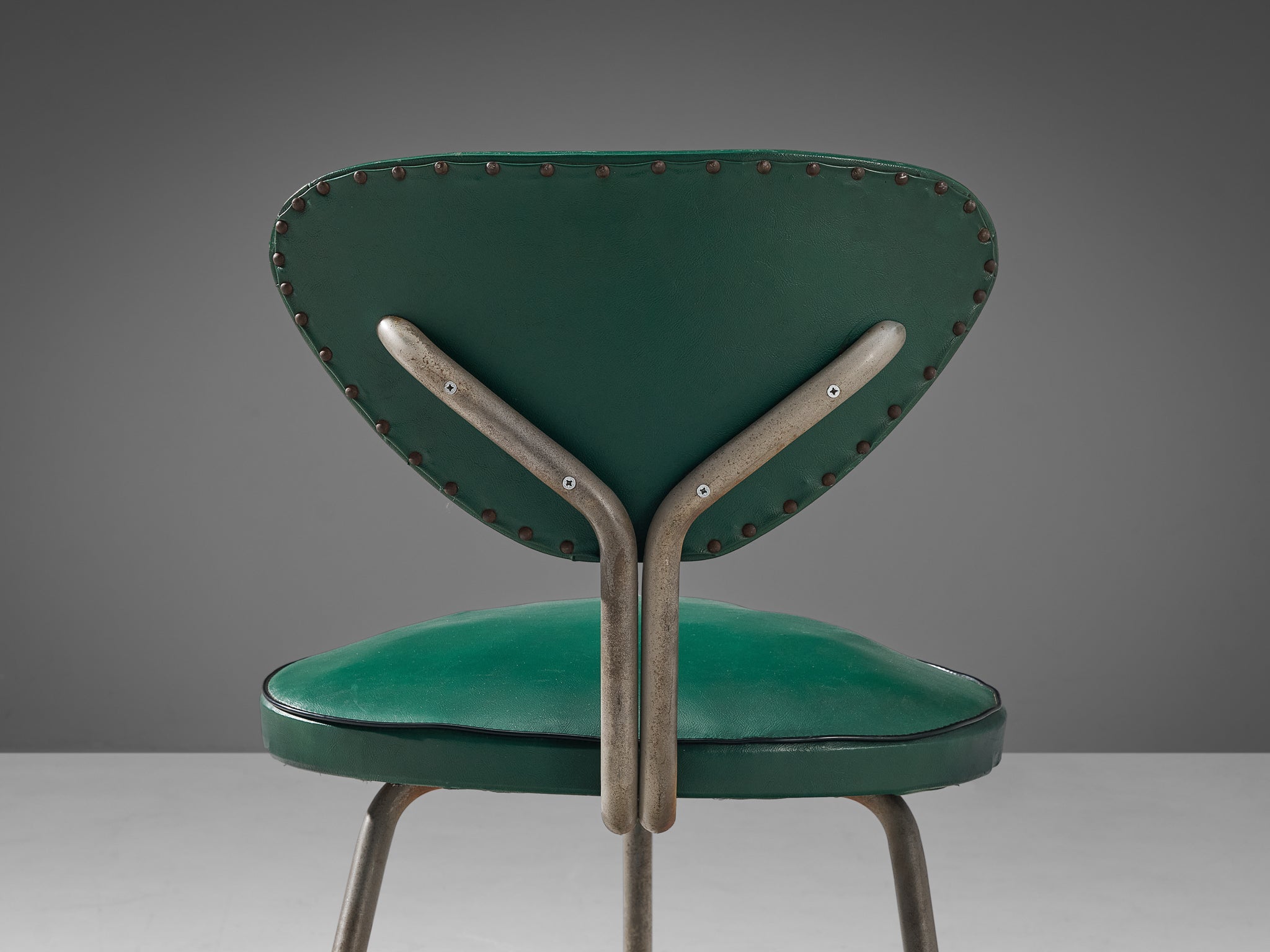 Pair of Tripod Chairs in Steel and Green Leatherette seating Morentz