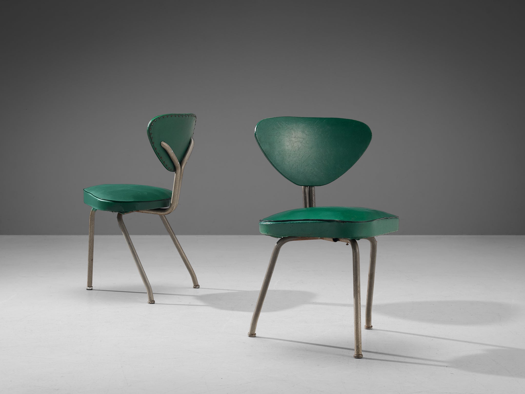Pair of Tripod Chairs in Steel and Green Leatherette seating Morentz