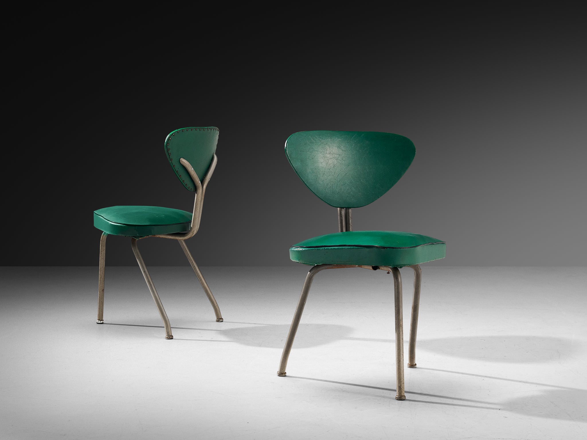 Pair of Tripod Chairs in Steel and Green Leatherette Seating Morentz