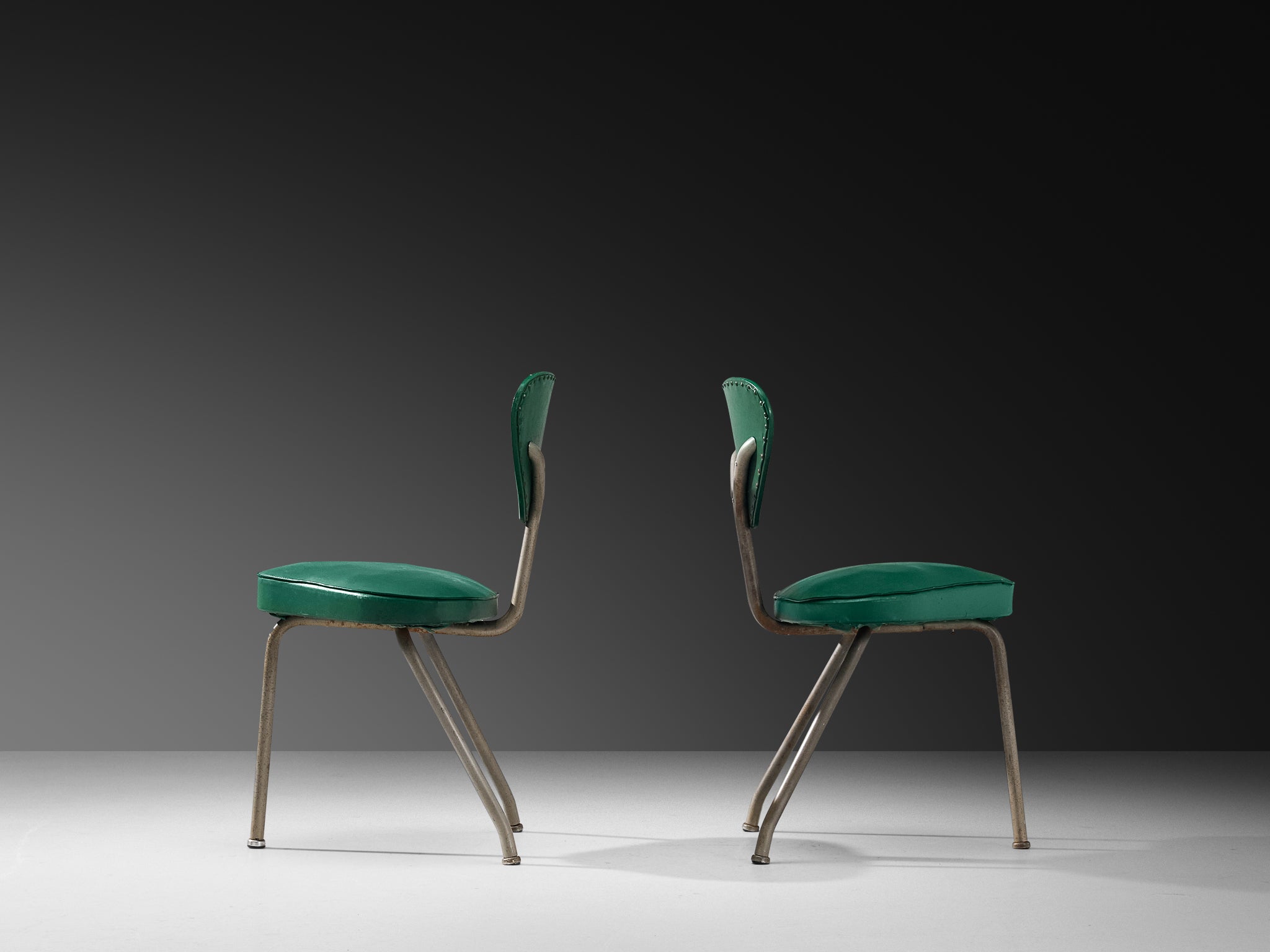 Pair of Tripod Chairs in Steel and Green Leatherette Seating Morentz