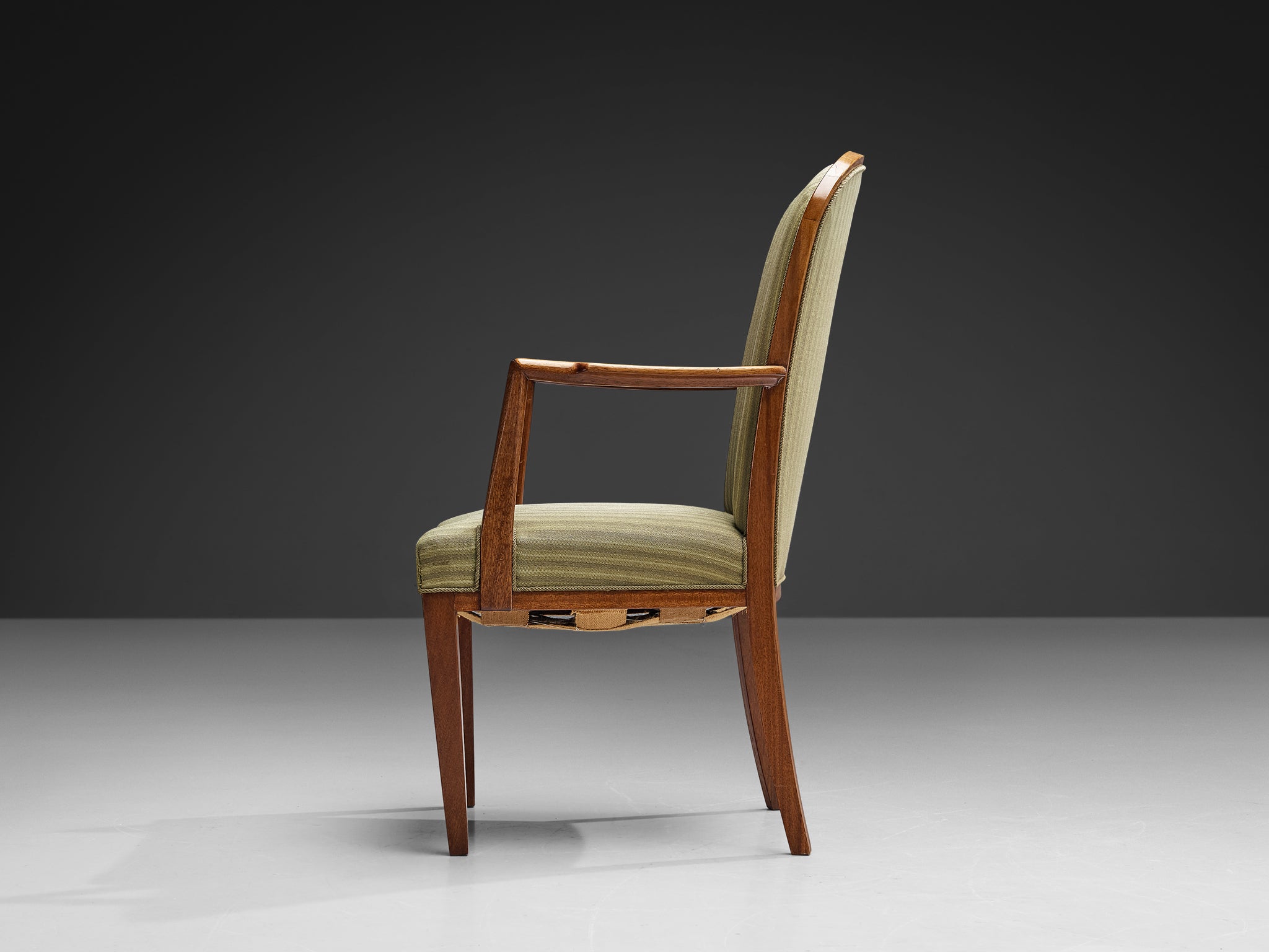 Scandinavian High Back Armchair in Mahogany and Green Striped Upholstery Seating Morentz