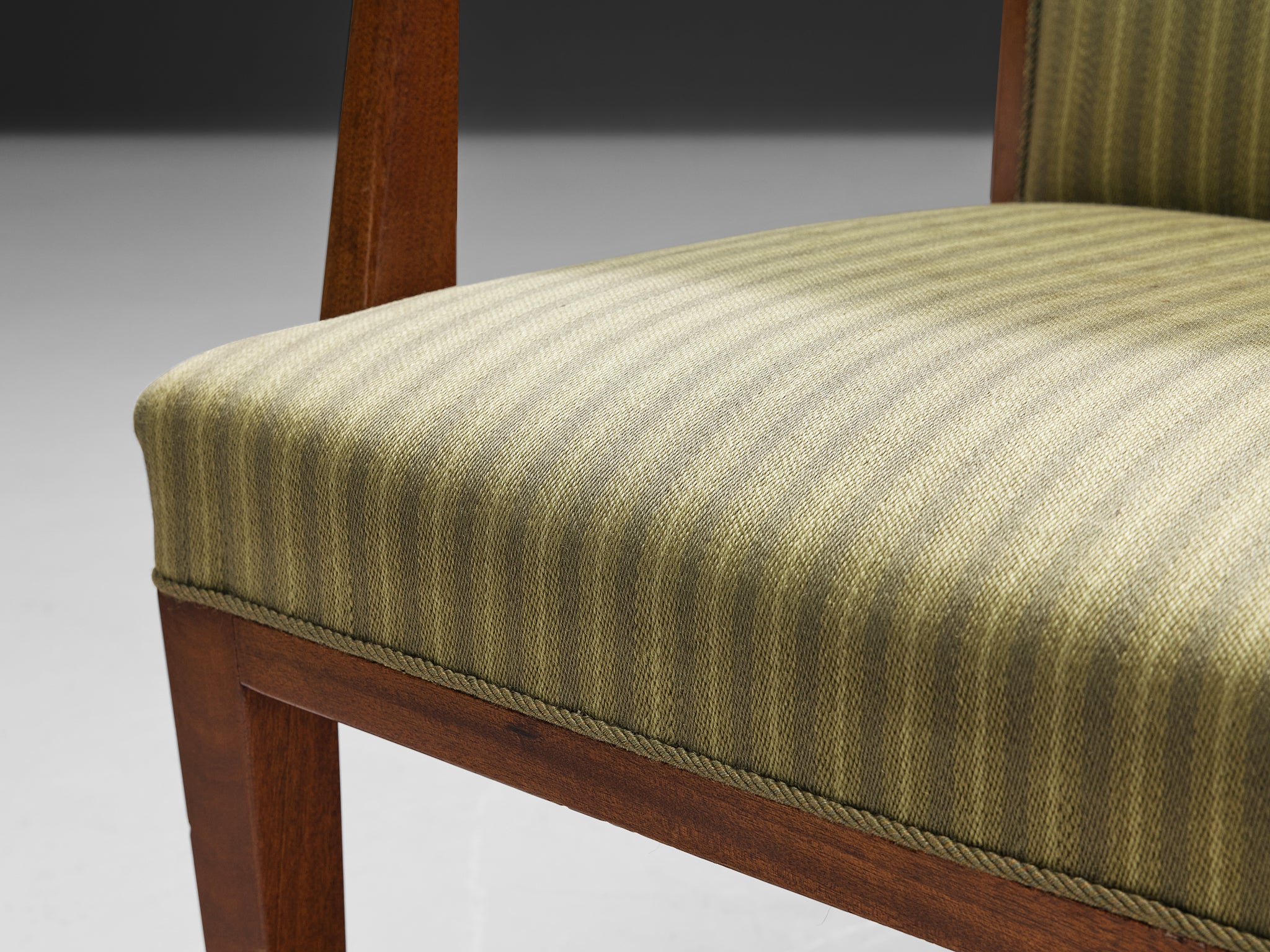 Scandinavian High Back Armchair in Mahogany and Green Striped Upholstery Seating Morentz