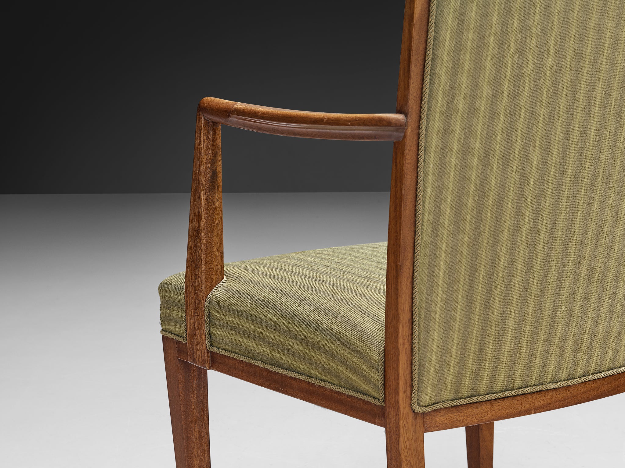 Scandinavian High Back Armchair in Mahogany and Green Striped Upholstery Seating Morentz