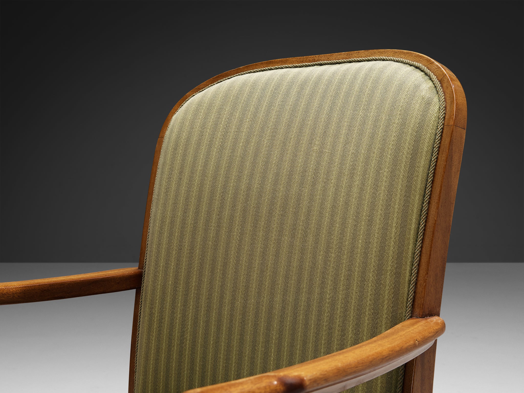 Scandinavian High Back Armchair in Mahogany and Green Striped Upholstery Seating Morentz