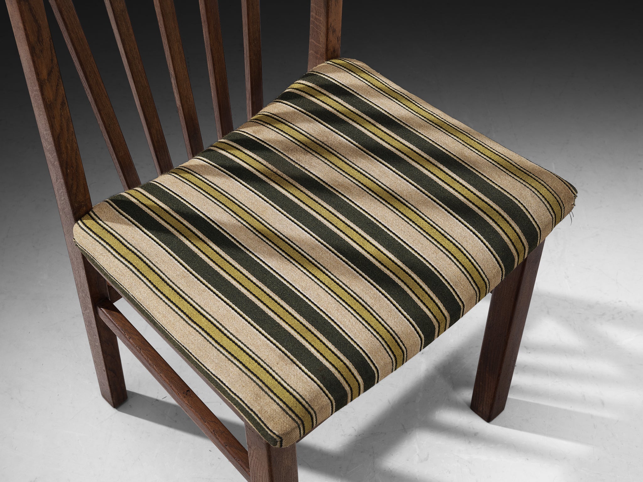 Set of Four Dining Chairs in Stained Oak and Striped Upholstery