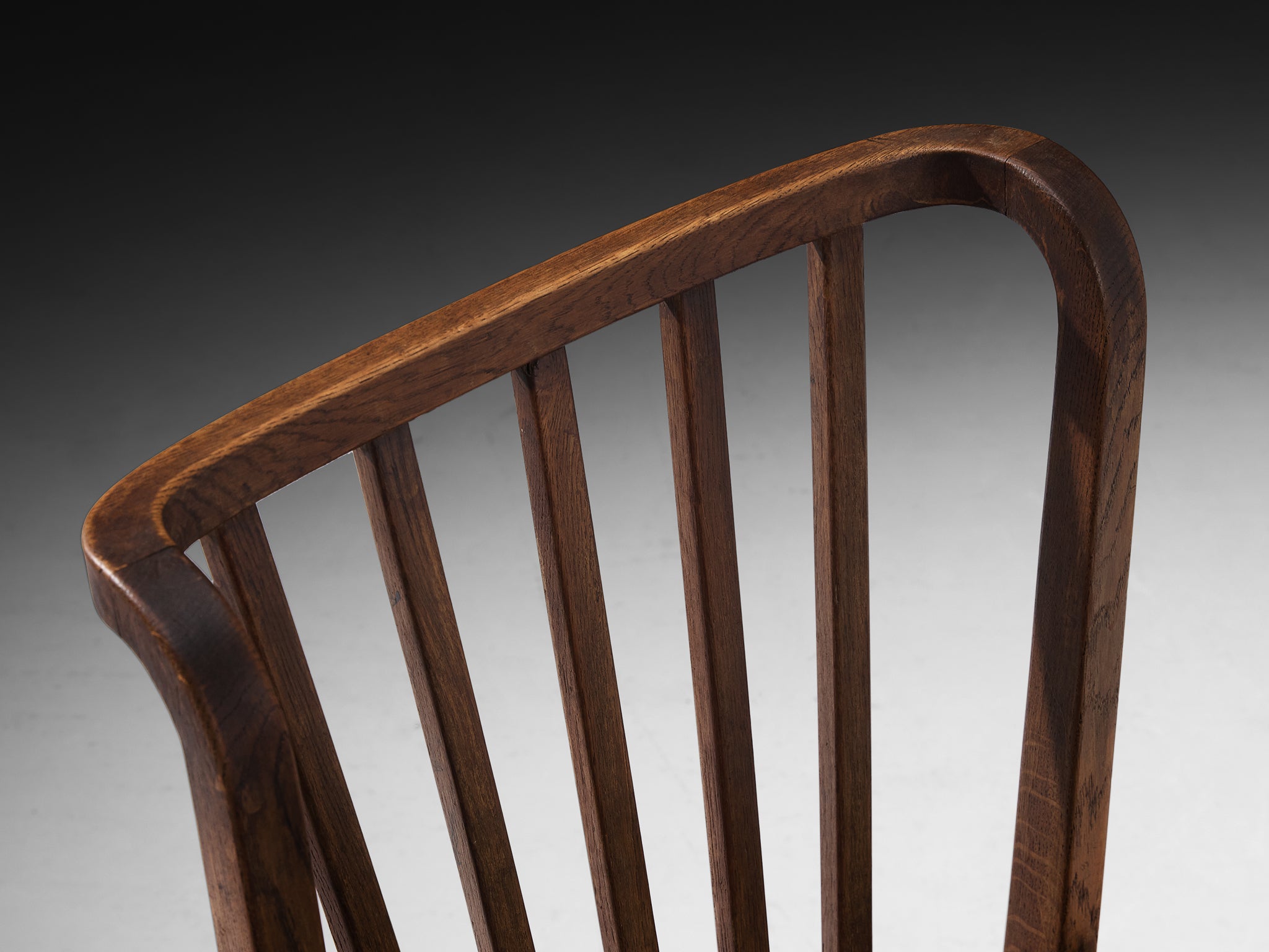 Set of Four Dining Chairs in Stained Oak and Striped Upholstery