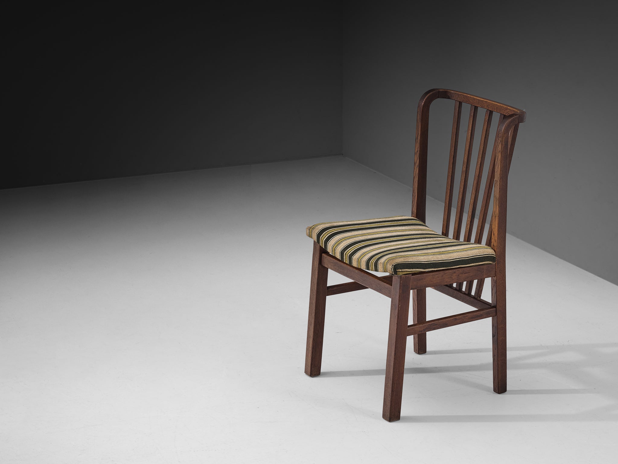 Set of Four Dining Chairs in Stained Oak and Striped Upholstery