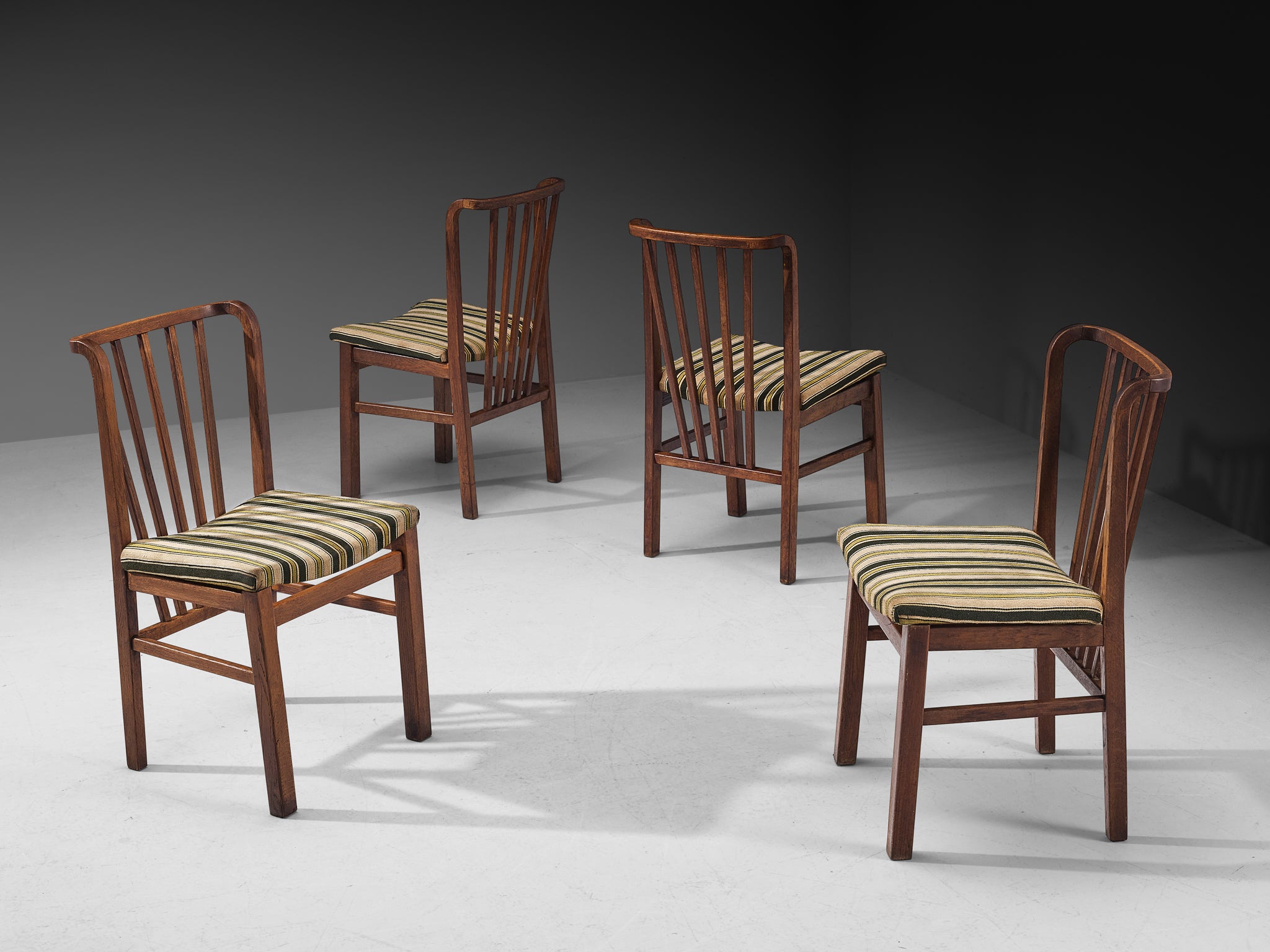 Set of Four Dining Chairs in Stained Oak and Striped Upholstery