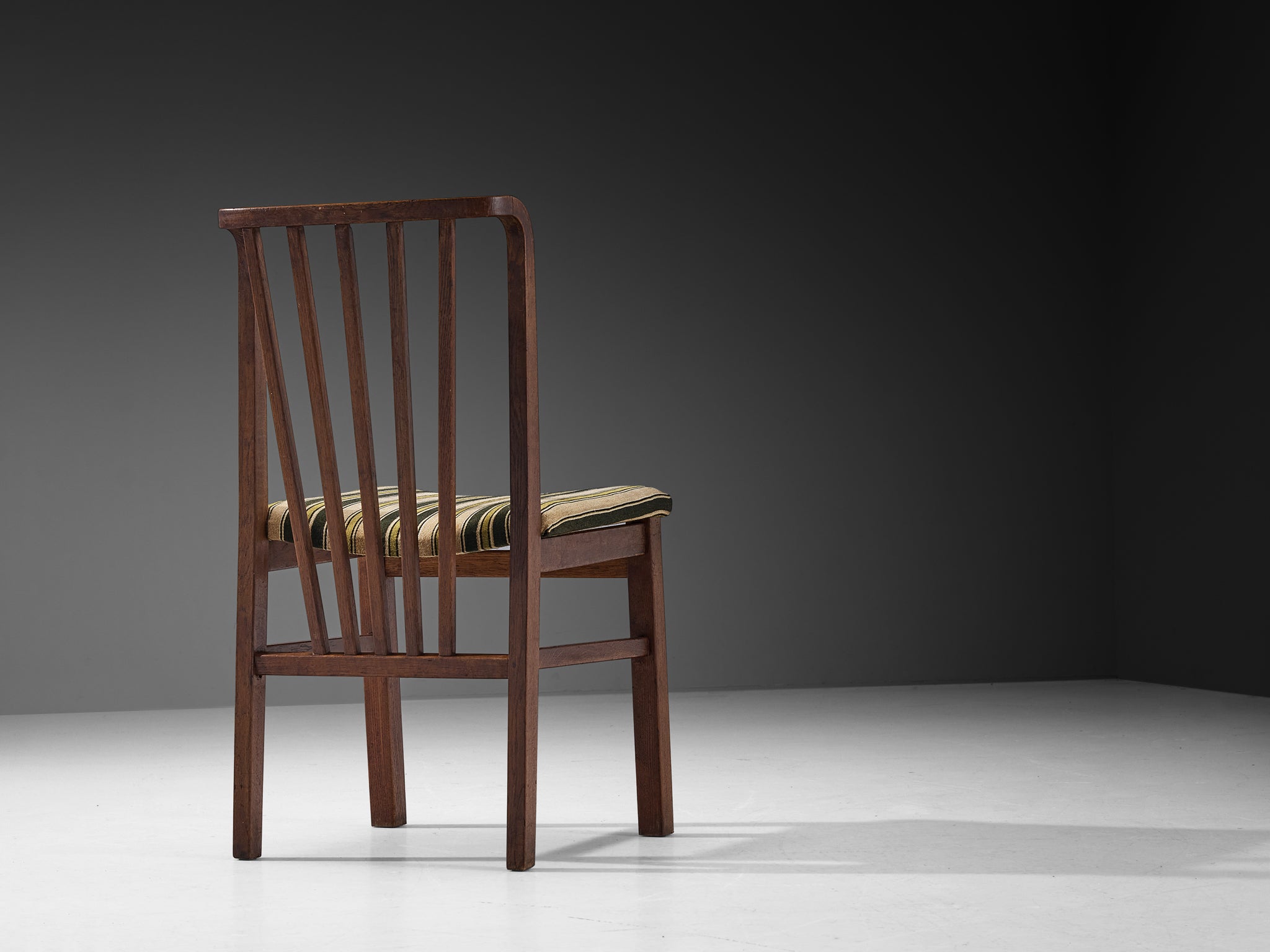 Set of Four Dining Chairs in Stained Oak and Striped Upholstery