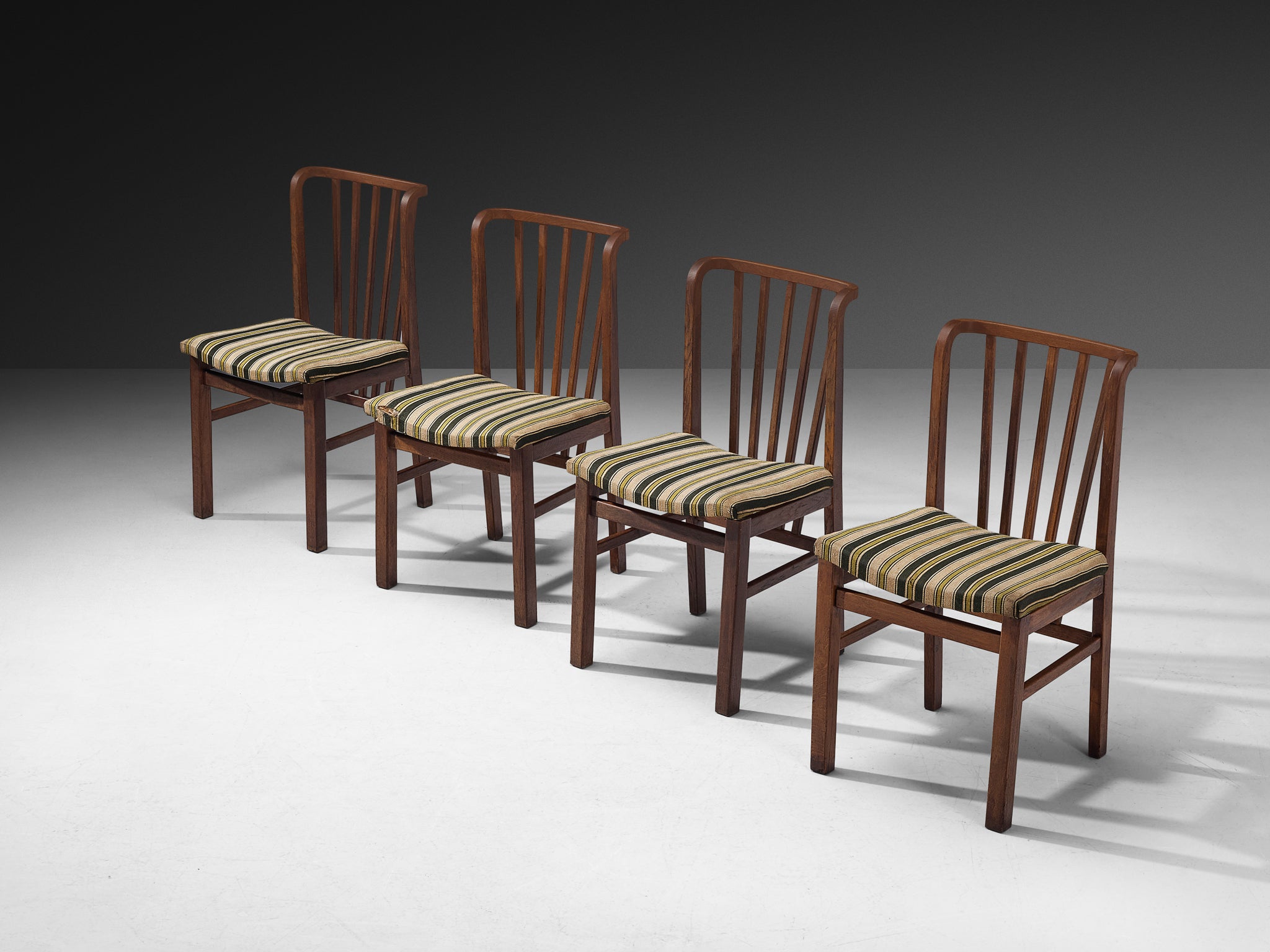 Set of Four Dining Chairs in Stained Oak and Striped Upholstery