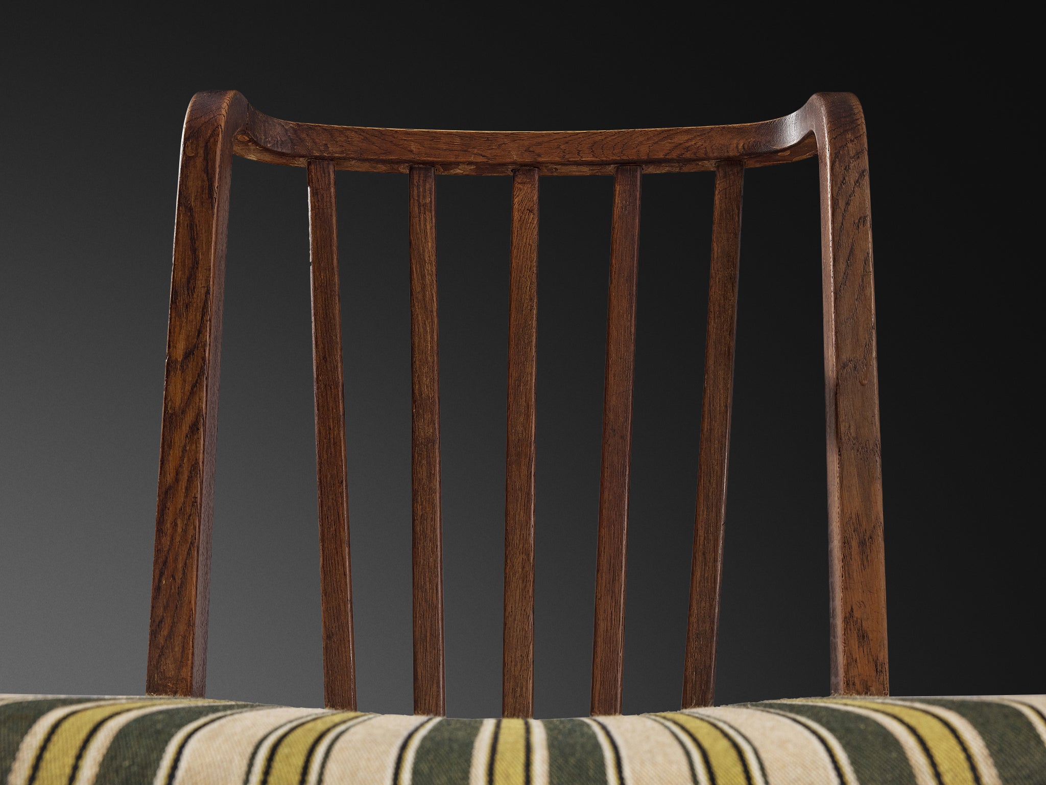 Set of Four Dining Chairs in Stained Oak and Striped Upholstery