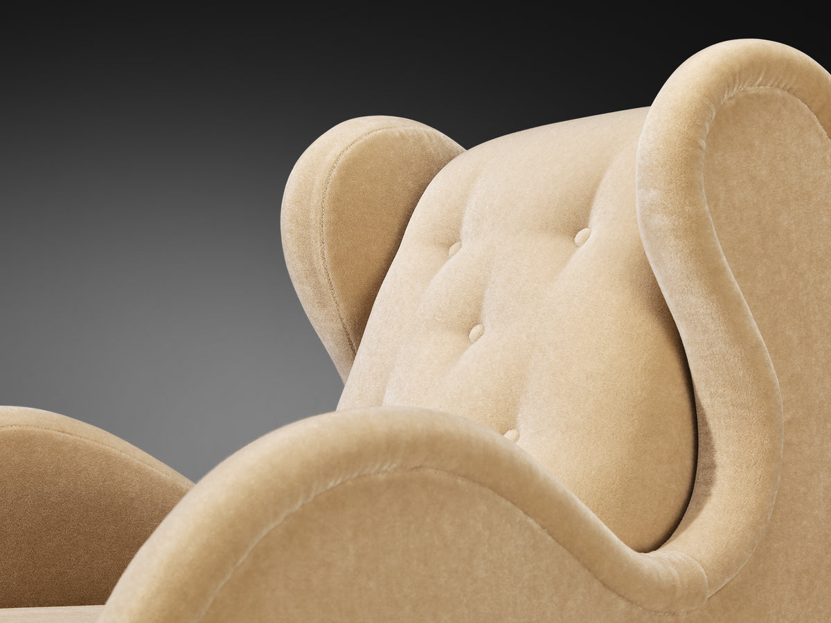Rare René Drouet Pair of Easy Chairs in Beige Pierre Frey Mohair Seating Morentz