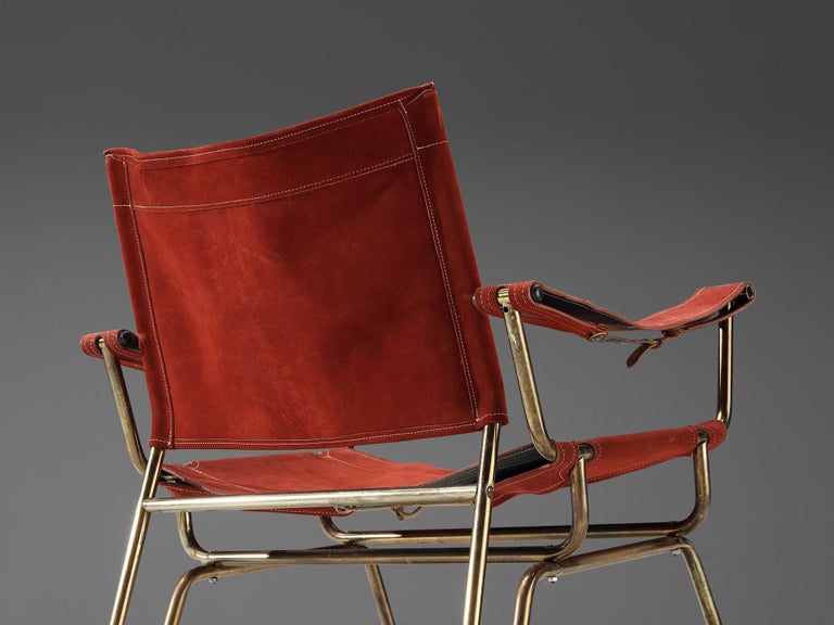 A. Dolleman for Metz & Co Pair of Armchairs in Suede and Brass