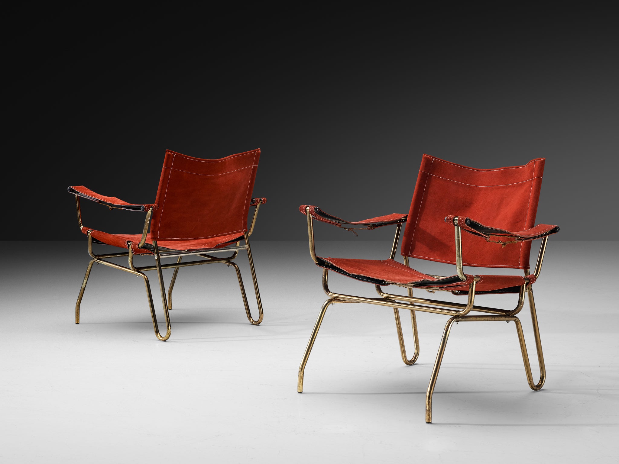 A. Dolleman for Metz & Co Pair of Armchairs in Suede and Brass Seating Morentz