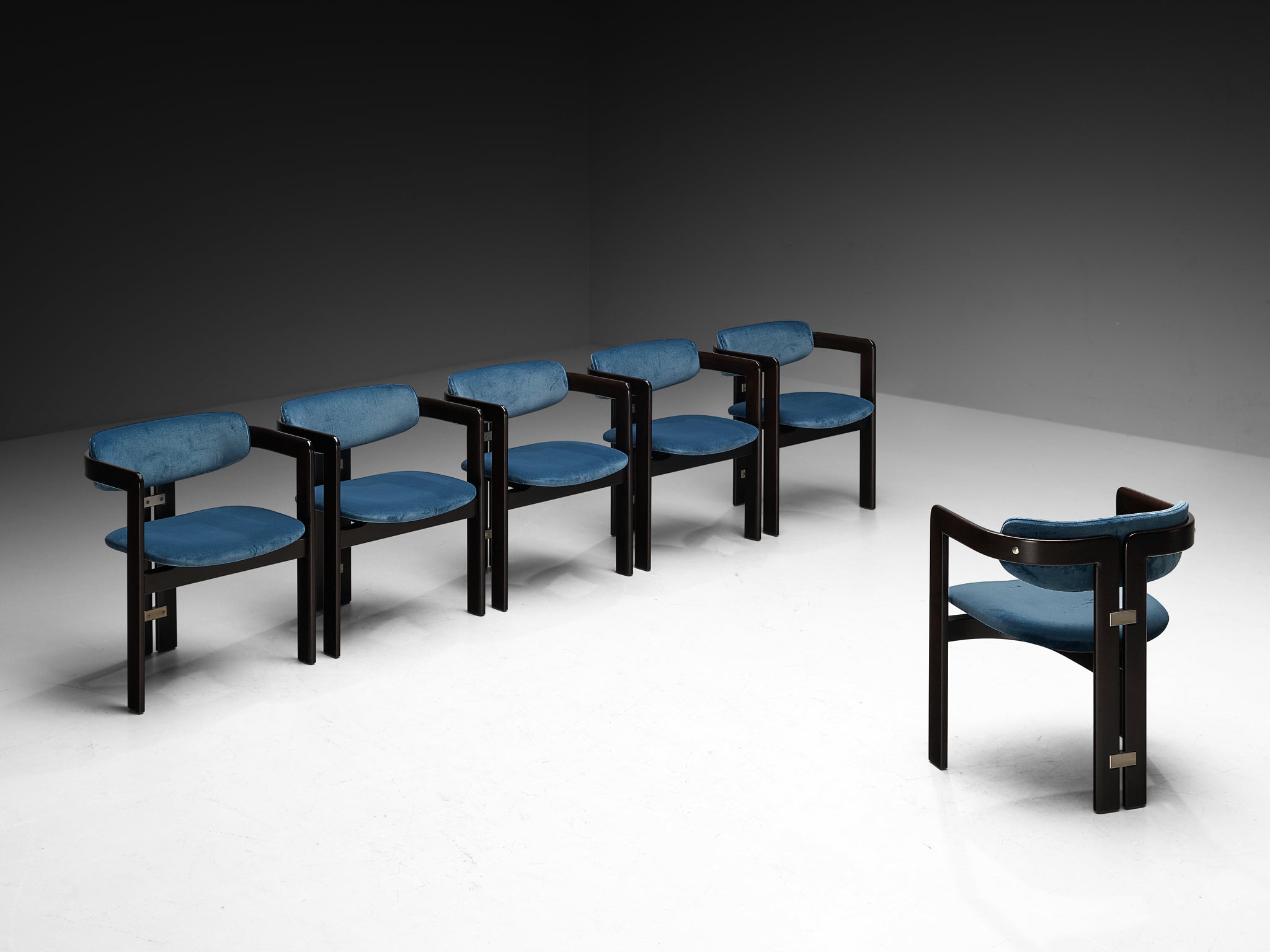 Augusto Savini Set of Six 'Pamplona' Dining Chairs in Blue Velvet Seating Morentz