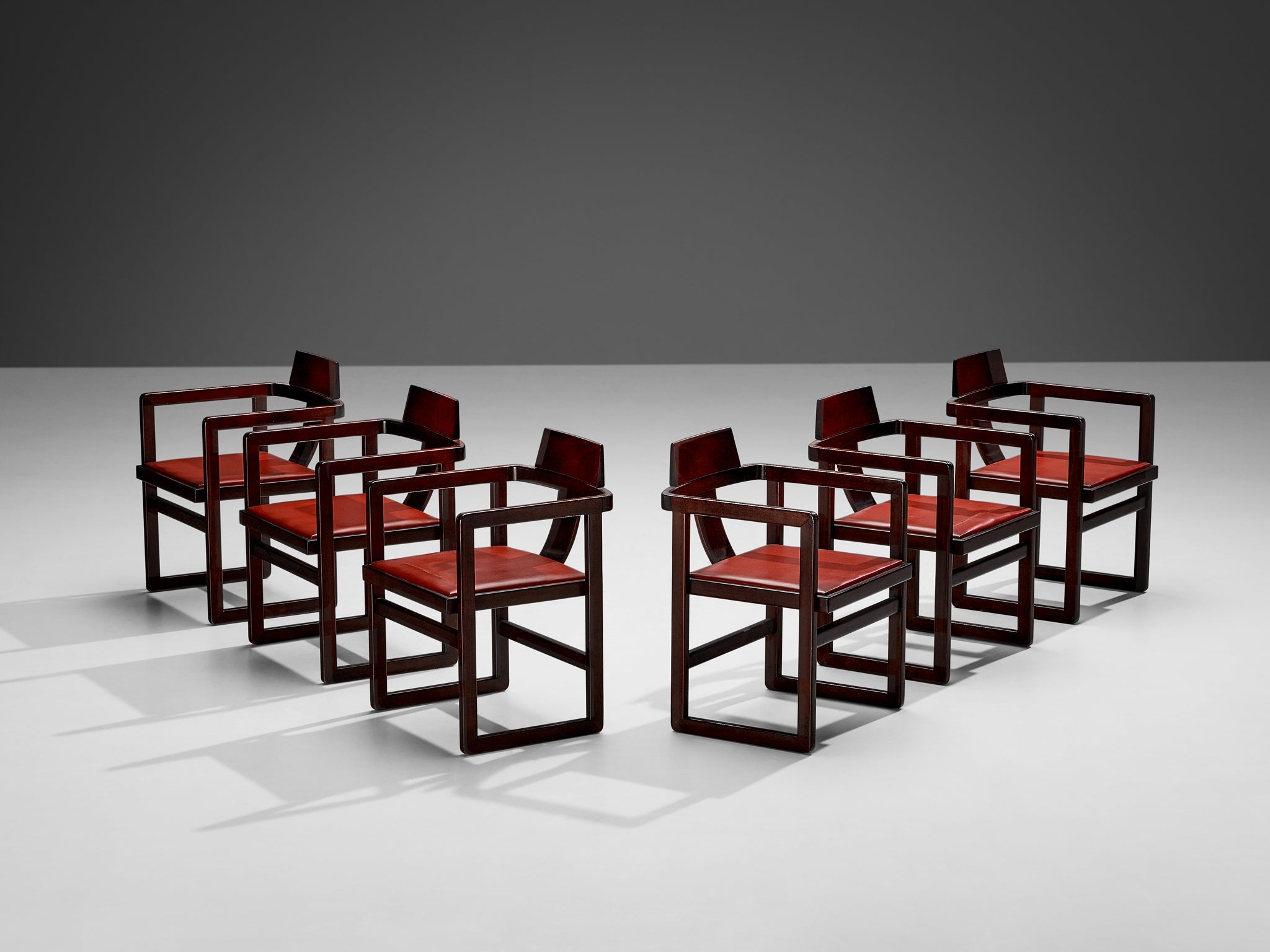Italian Set of Six Geometric Armchairs in Stained Wood seating Morentz