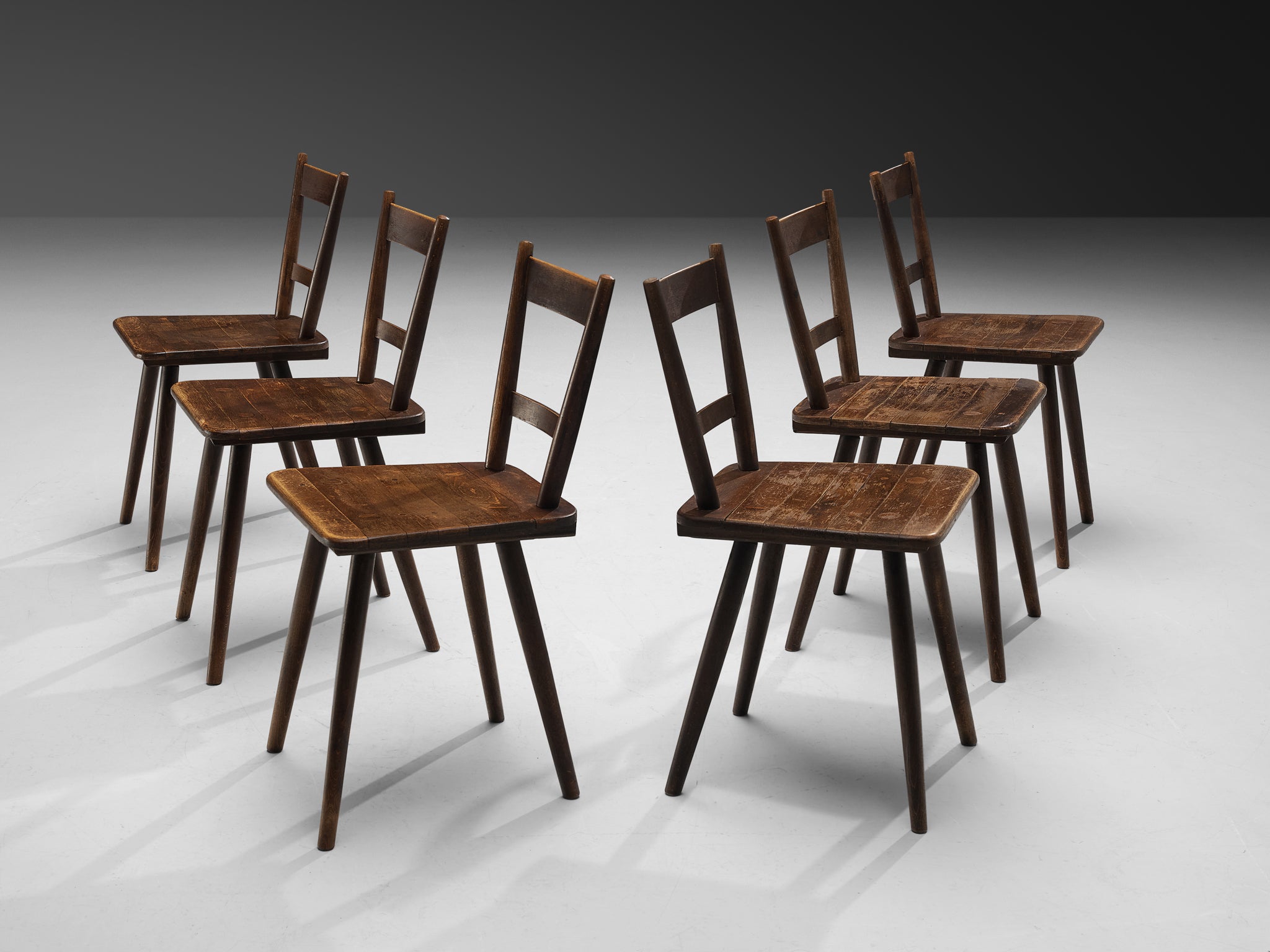 Set of Six French Pastoral Dining Chairs in Stained Wood Seating Morentz