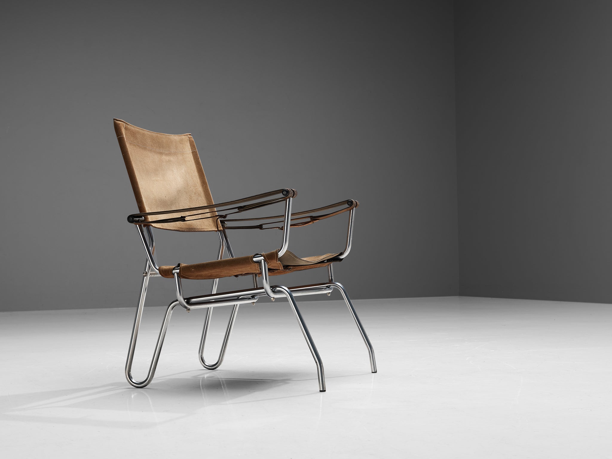 A. Dolleman for Metz & Co Armchair in Suede with Tubular Metal Frame seating Morentz