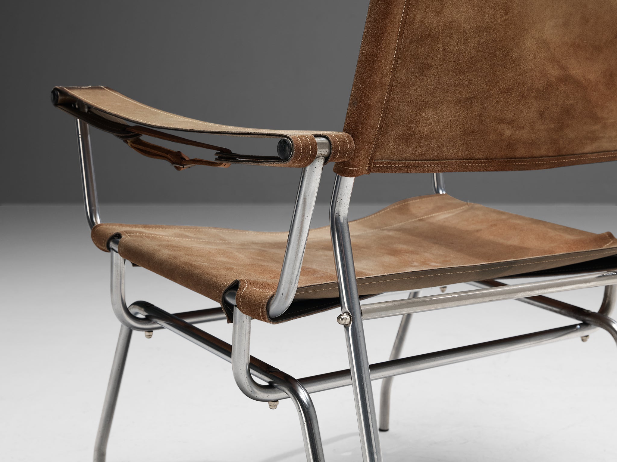 A. Dolleman for Metz & Co Armchair in Suede with Tubular Metal Frame seating Morentz
