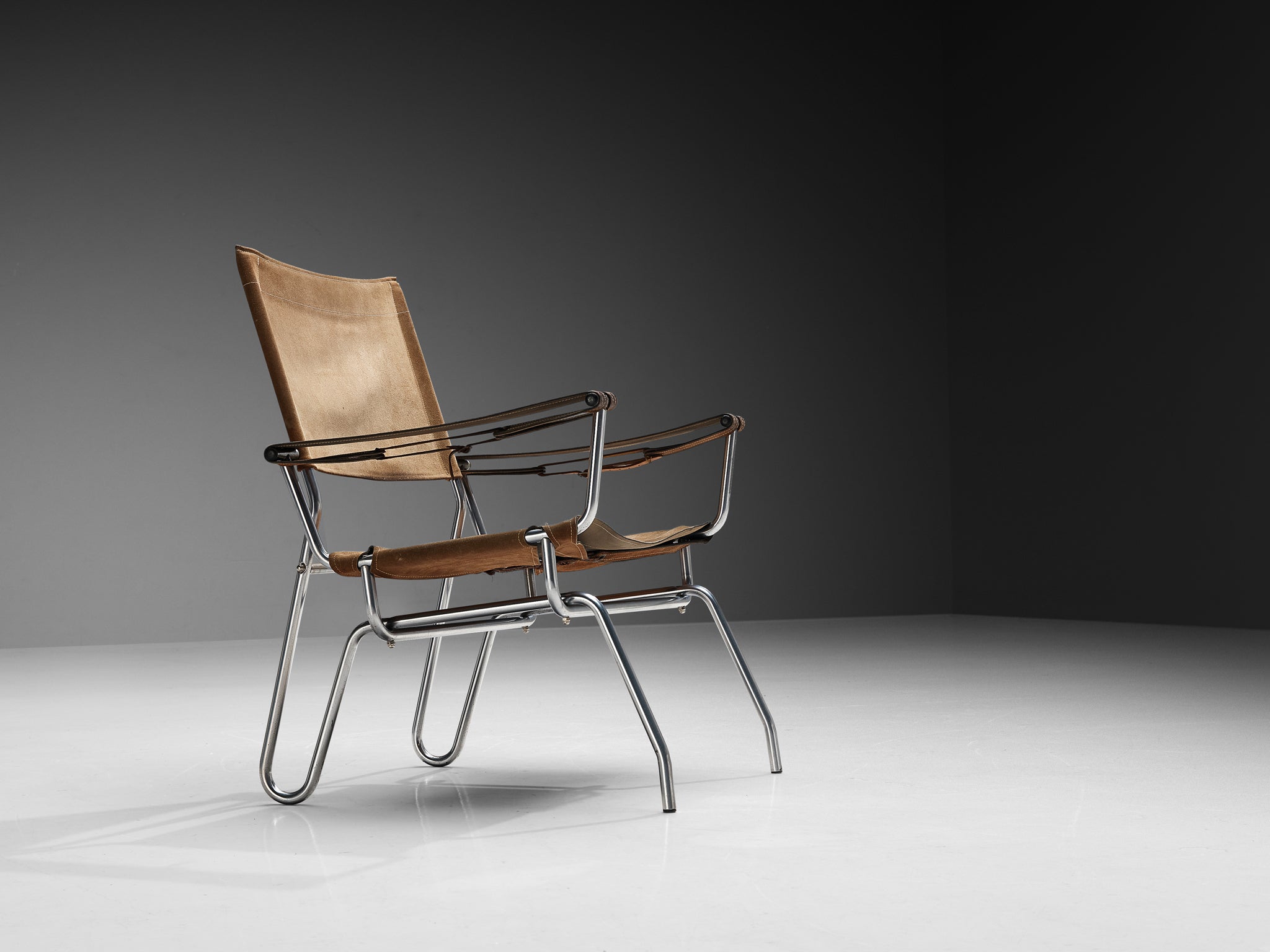 A. Dolleman for Metz & Co Armchair in Suede with Tubular Metal Frame Seating Morentz