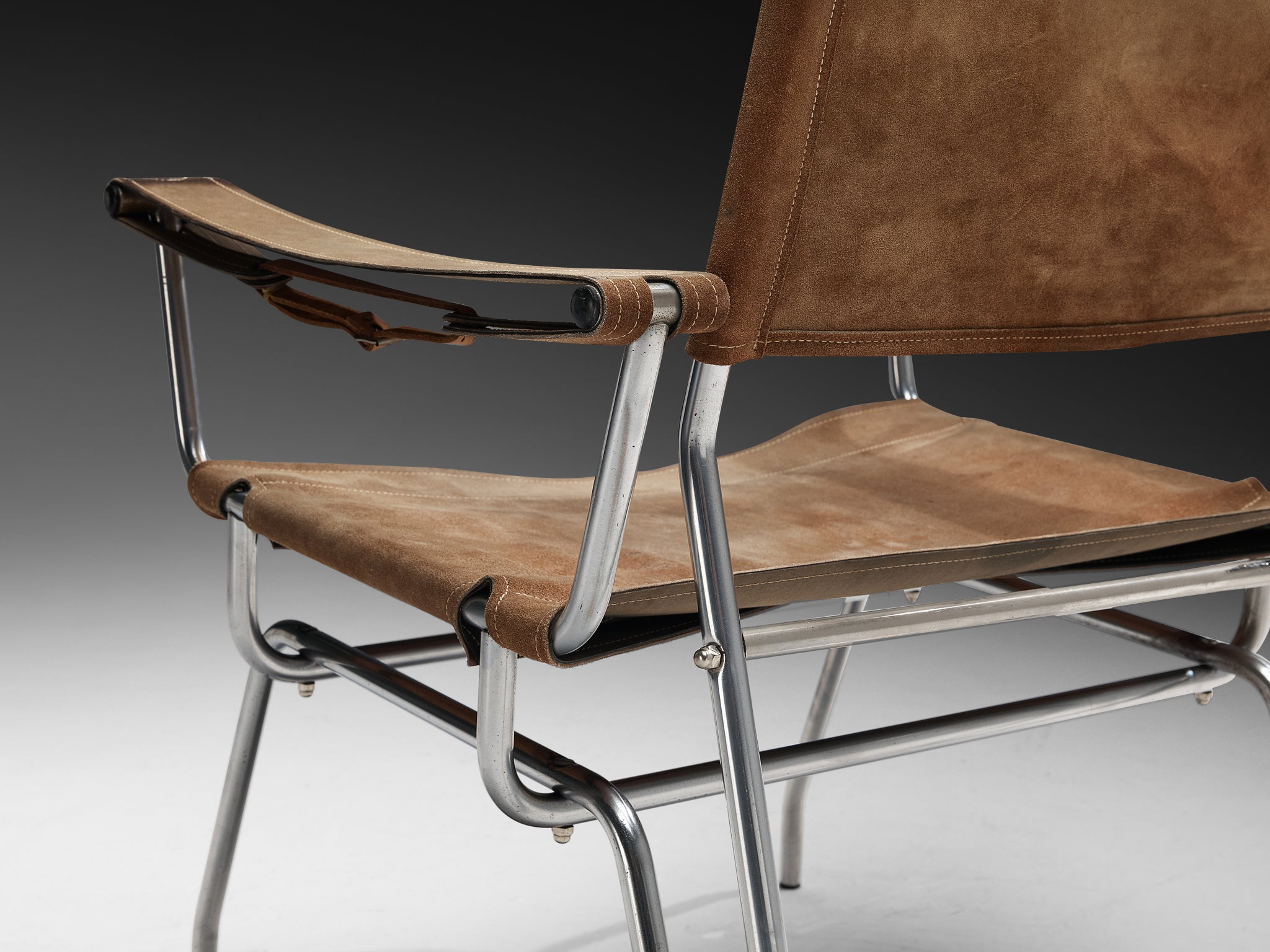 A. Dolleman for Metz & Co Armchair in Suede with Tubular Metal Frame Seating Morentz