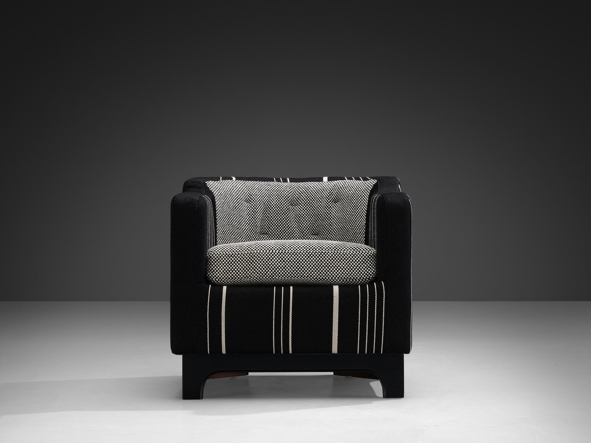 1950s Mid-Century Modern Italian Club Chair in Black White Fabric seating Morentz