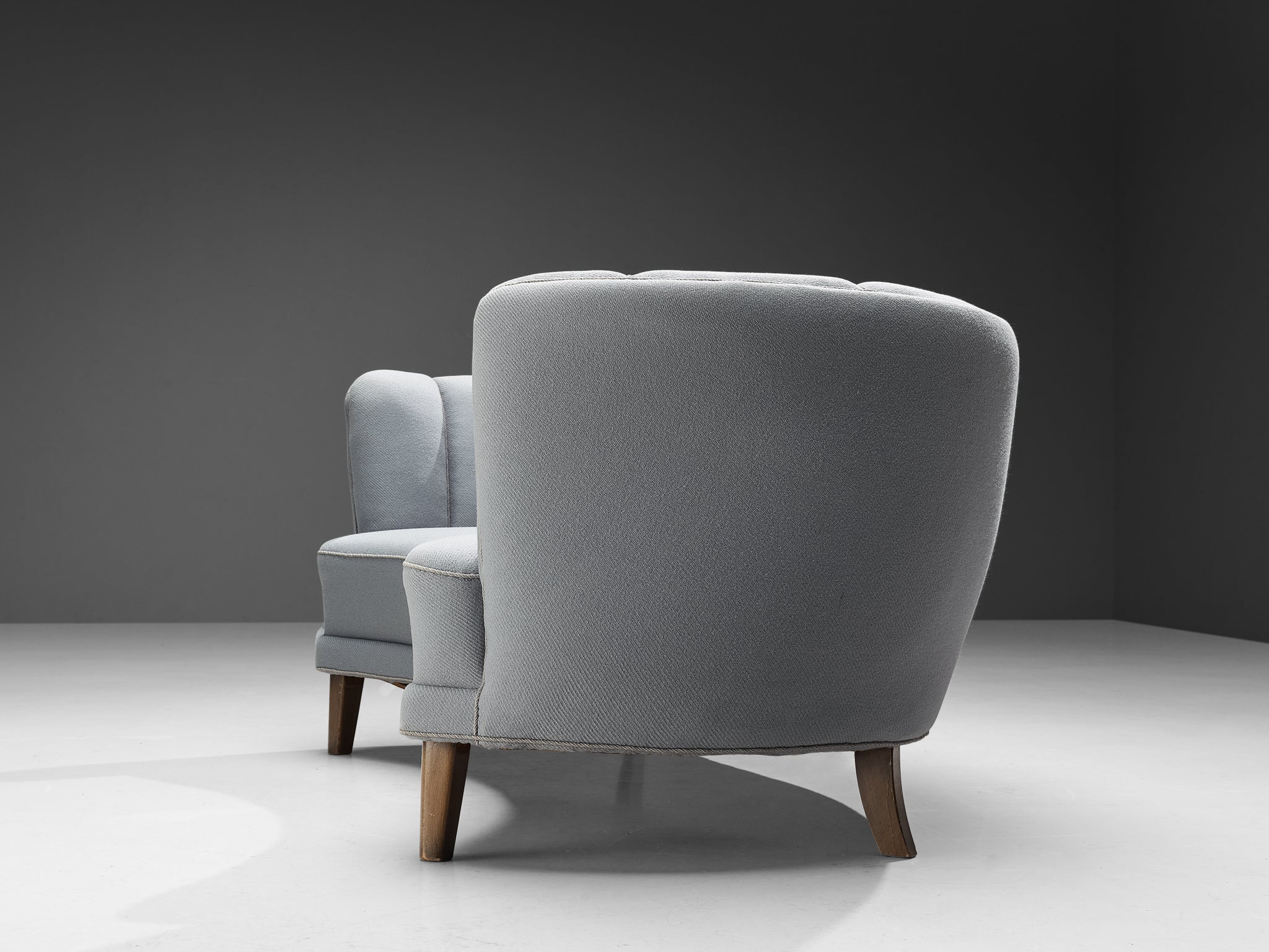 Danish Banana Sofa in Light Blue Upholstery and Oak Seating Morentz
