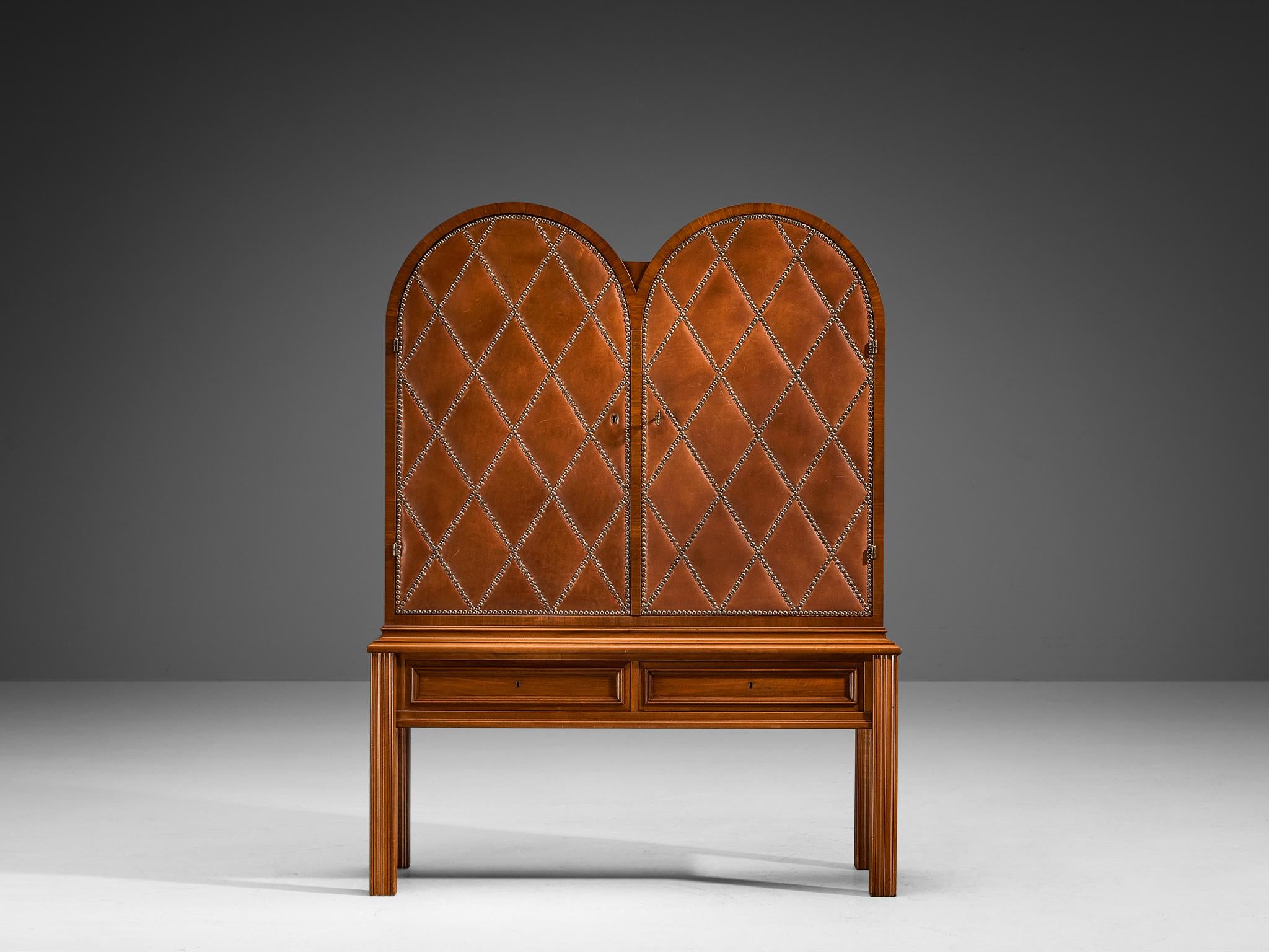 Rare Swedish Bar Cabinet in Walnut and Cognac Leather with Brass Nails case pieces and storage cabinets Morentz