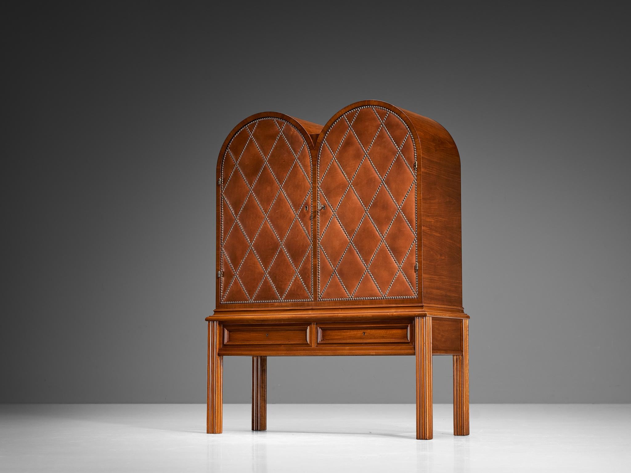 Rare Swedish Bar Cabinet in Walnut and Cognac Leather with Brass Nails case pieces and storage cabinets Morentz