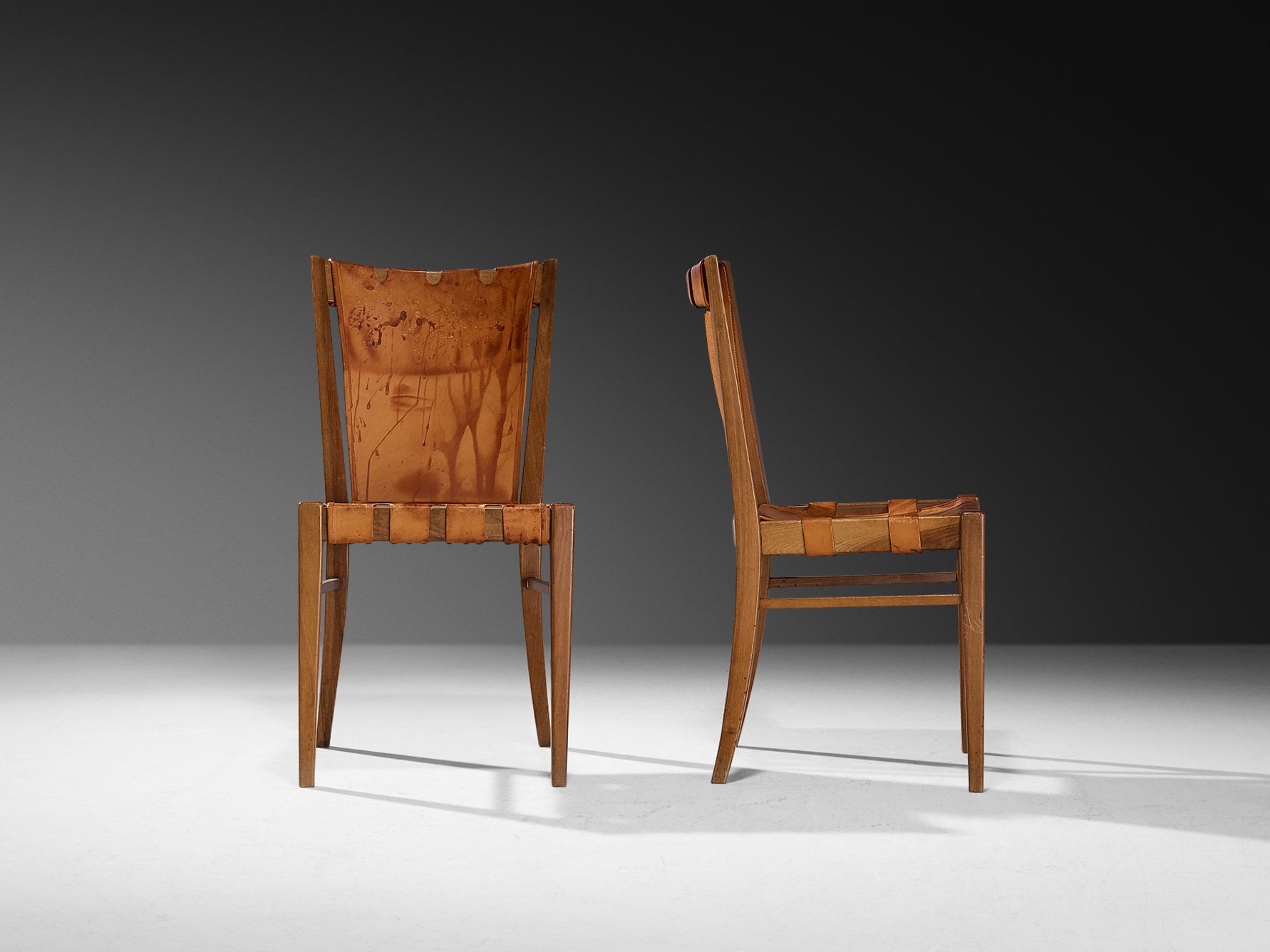 Rare Guglielmo Pecorini Pair of Chairs in Walnut and Cognac Leather Seating Morentz