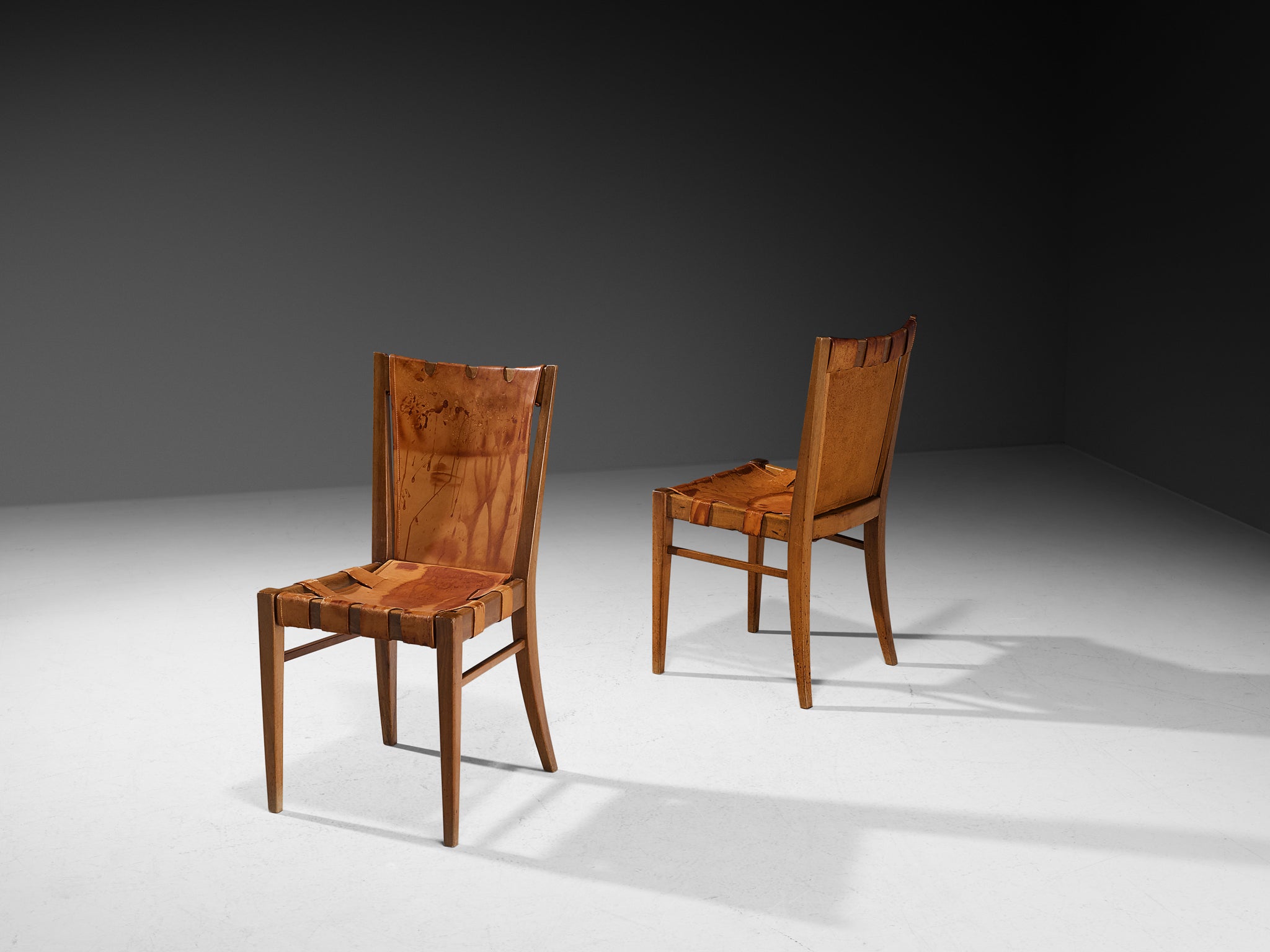 Rare Guglielmo Pecorini Pair of Chairs in Walnut and Cognac Leather Seating Morentz