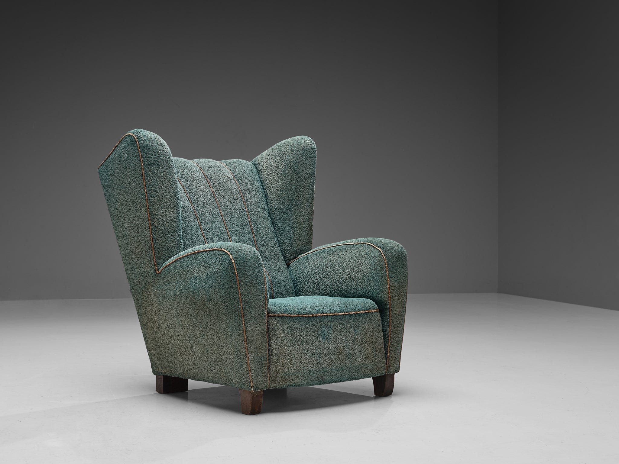 Scandinavian Wingback Chair in Ocean Blue Upholstery and Wood seating Morentz