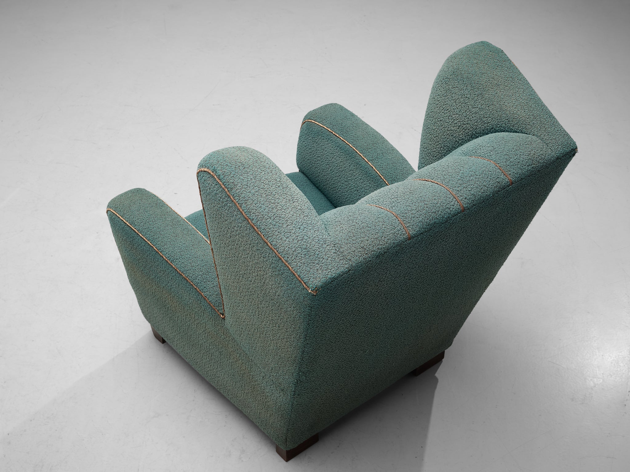 Scandinavian Wingback Chair in Ocean Blue Upholstery and Wood seating Morentz