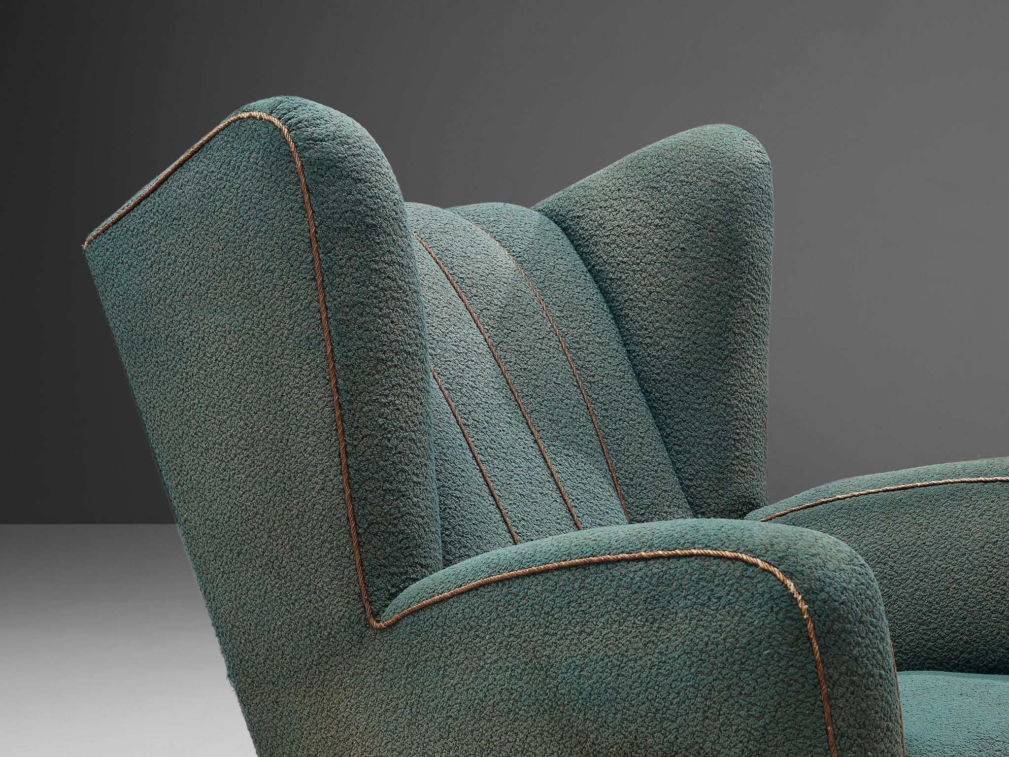 Scandinavian Wingback Chair in Ocean Blue Upholstery and Wood seating Morentz