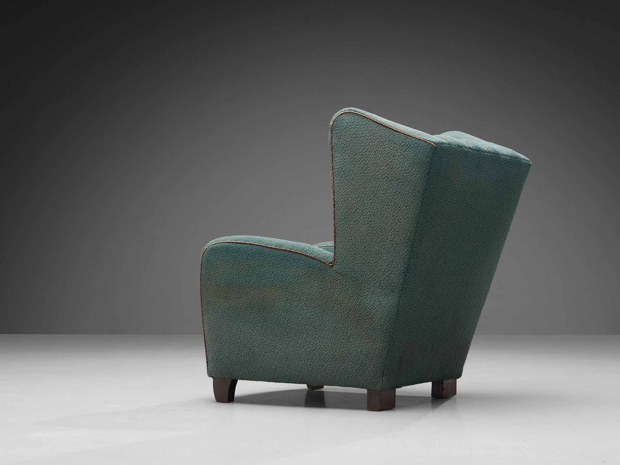 Scandinavian Wingback Chair in Ocean Blue Upholstery and Wood seating Morentz