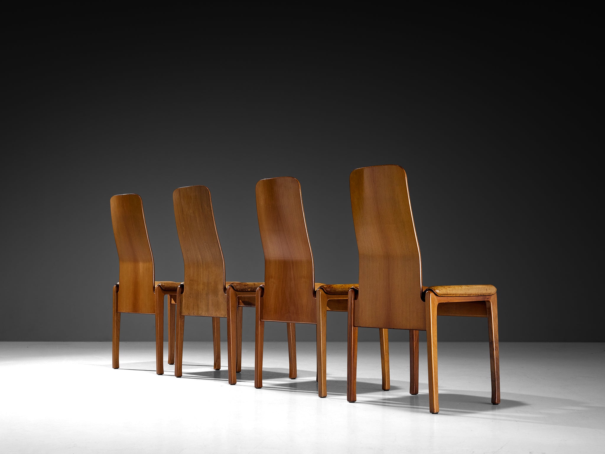 Tito Agnoli for Molteni Set of Four 'Fiorenza' Dining Chairs in Leather & Walnut Seating Morentz