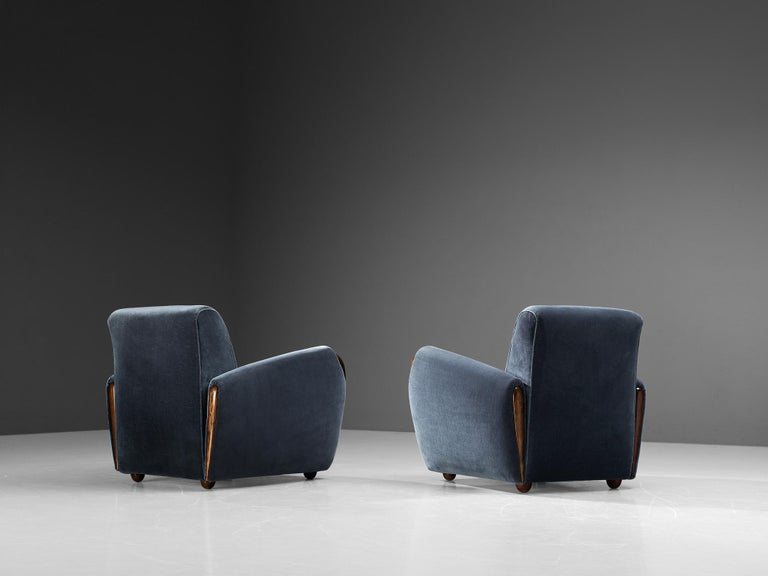 Osvaldo Borsani Lounge Chairs in Walnut and Blue Velvet