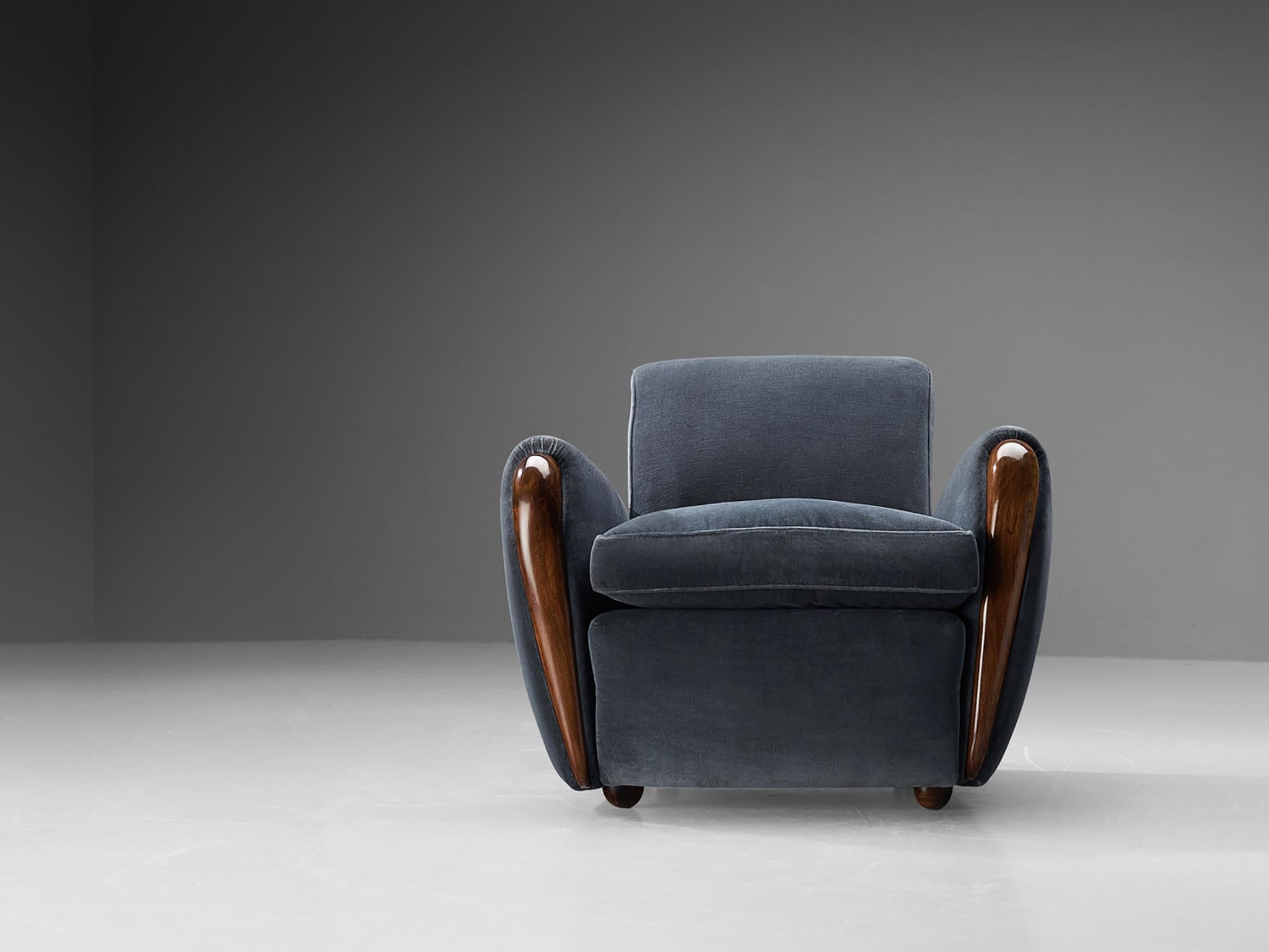 Osvaldo Borsani Lounge Chair in Walnut and Blue Velvet