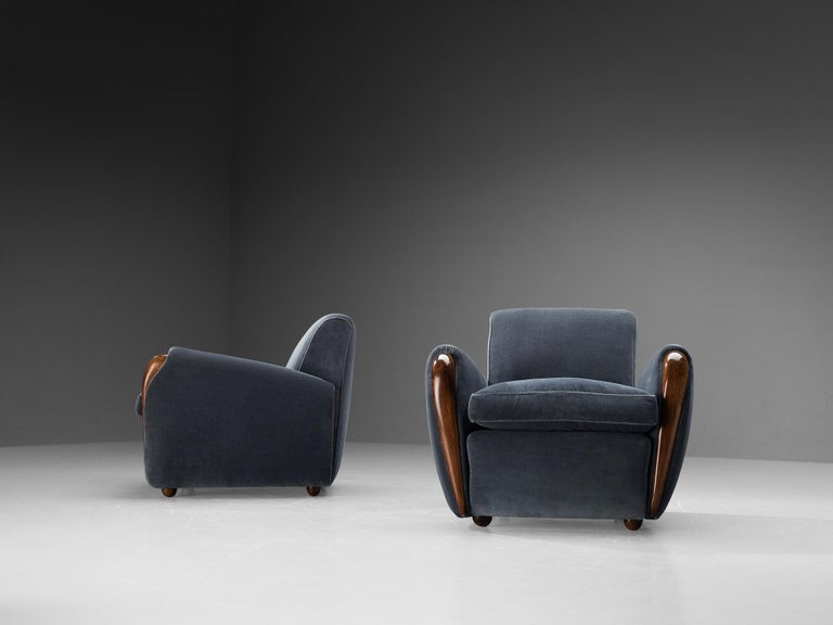 Osvaldo Borsani Lounge Chairs in Walnut and Blue Velvet