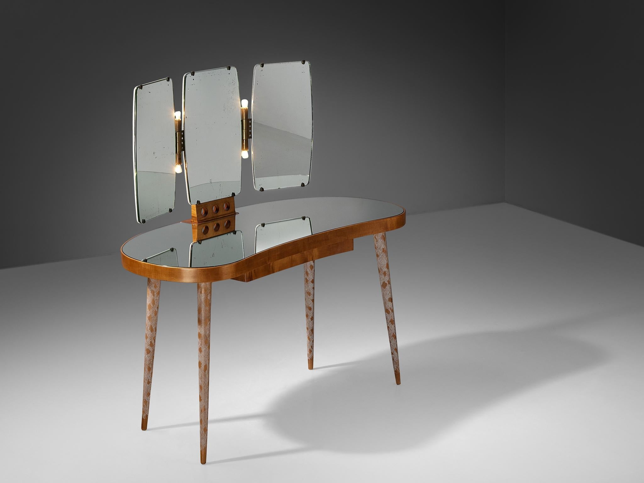 Rare Osvaldo Borsani Vanity Table in Maple with Mirrors and Built-in Lights