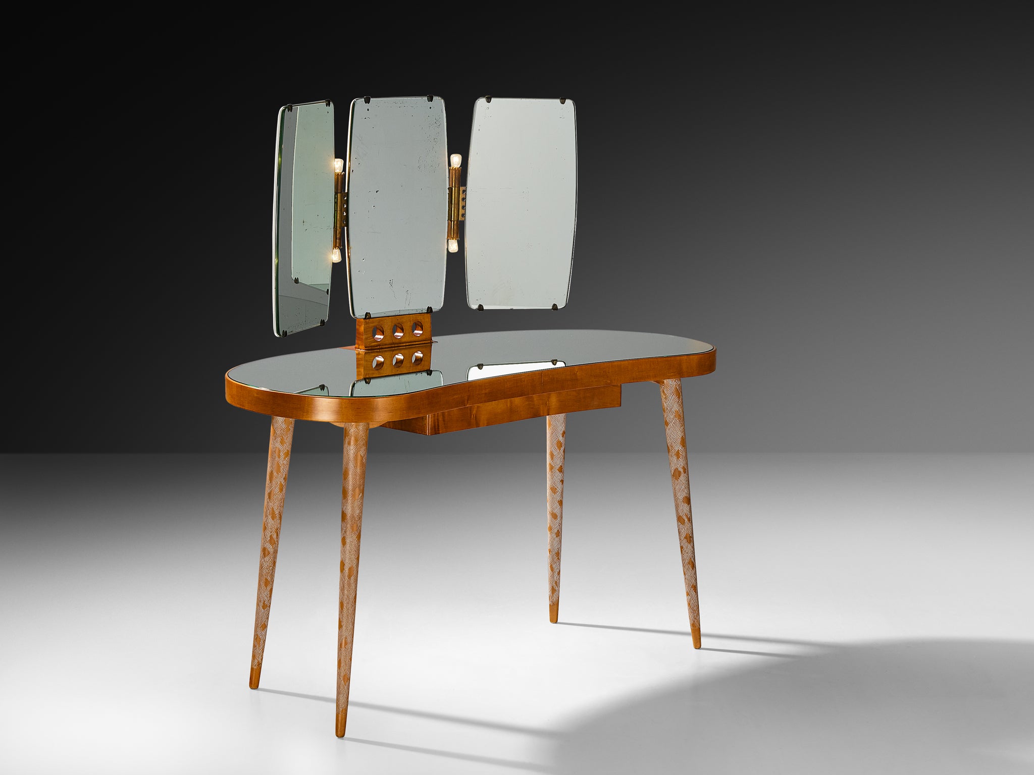Rare Osvaldo Borsani Vanity Table in Maple with Mirrors and Built-in Lights Tables Morentz
