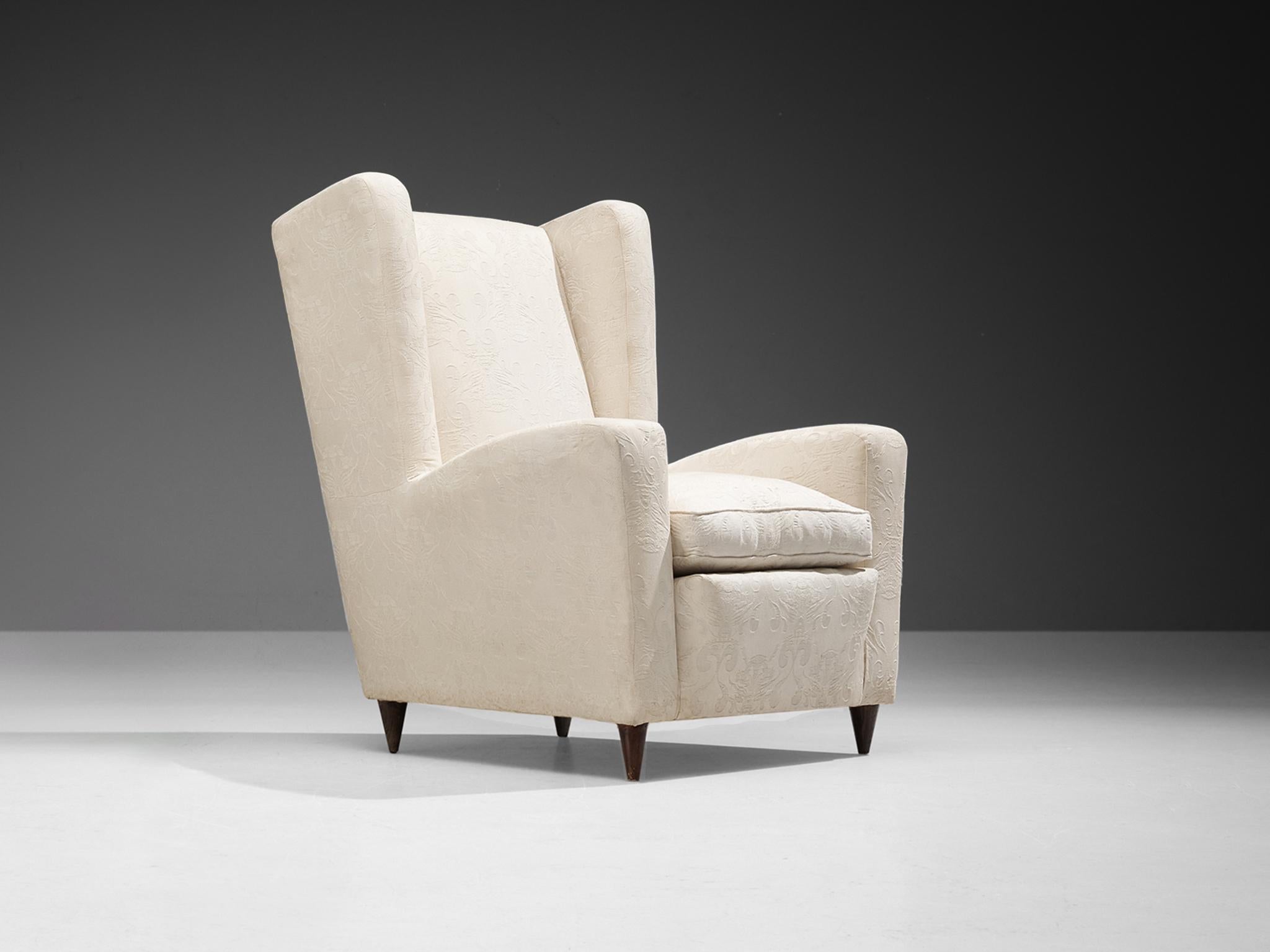 1950s Mid-Century Modern Italian Wingback Chair in Off-White Fabric & Wood seating Morentz