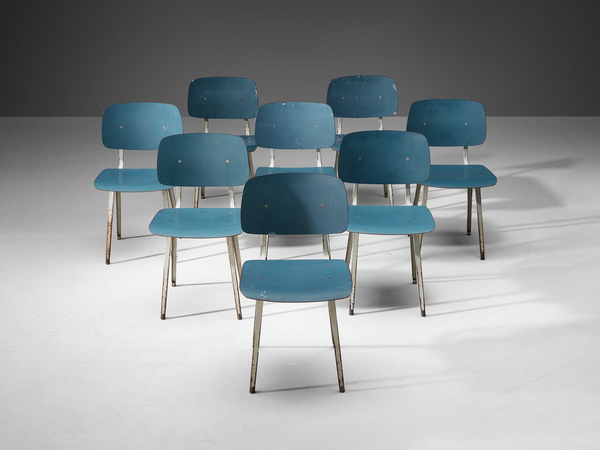 Friso Kramer Set of Eight 'Revolt' Dining Chairs in Metal and Blue Plywood seating Morentz