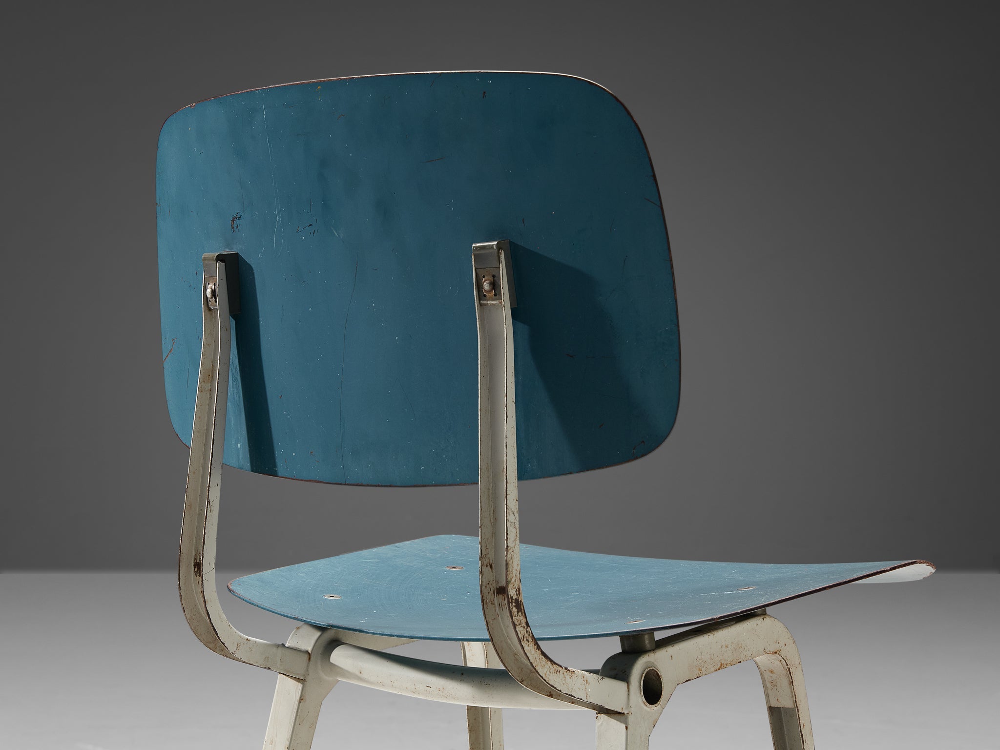 Friso Kramer Set of Eight 'Revolt' Dining Chairs in Metal and Blue Plywood seating Morentz