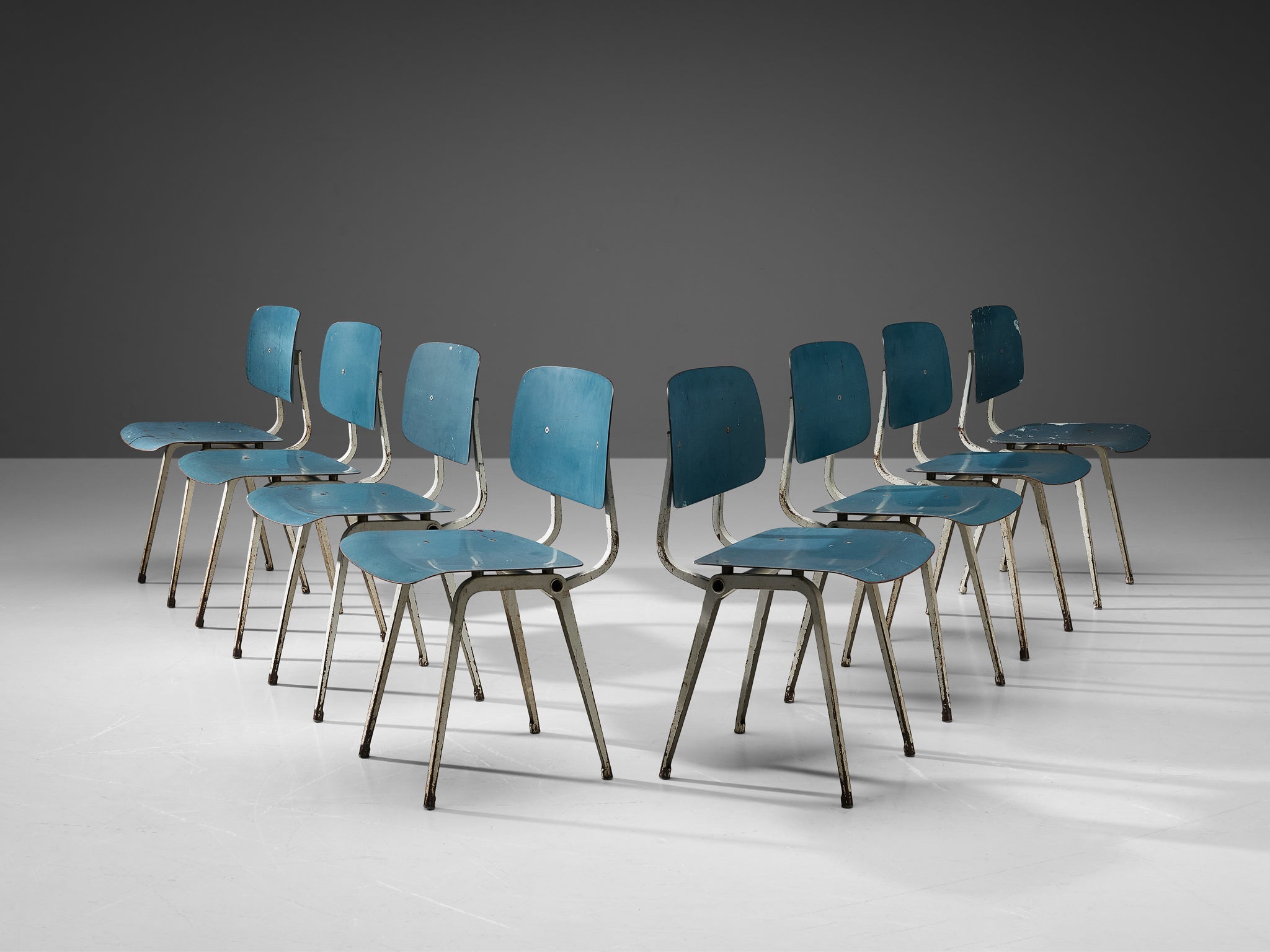 Friso Kramer Set of Eight 'Revolt' Dining Chairs in Metal and Blue Plywood seating Morentz
