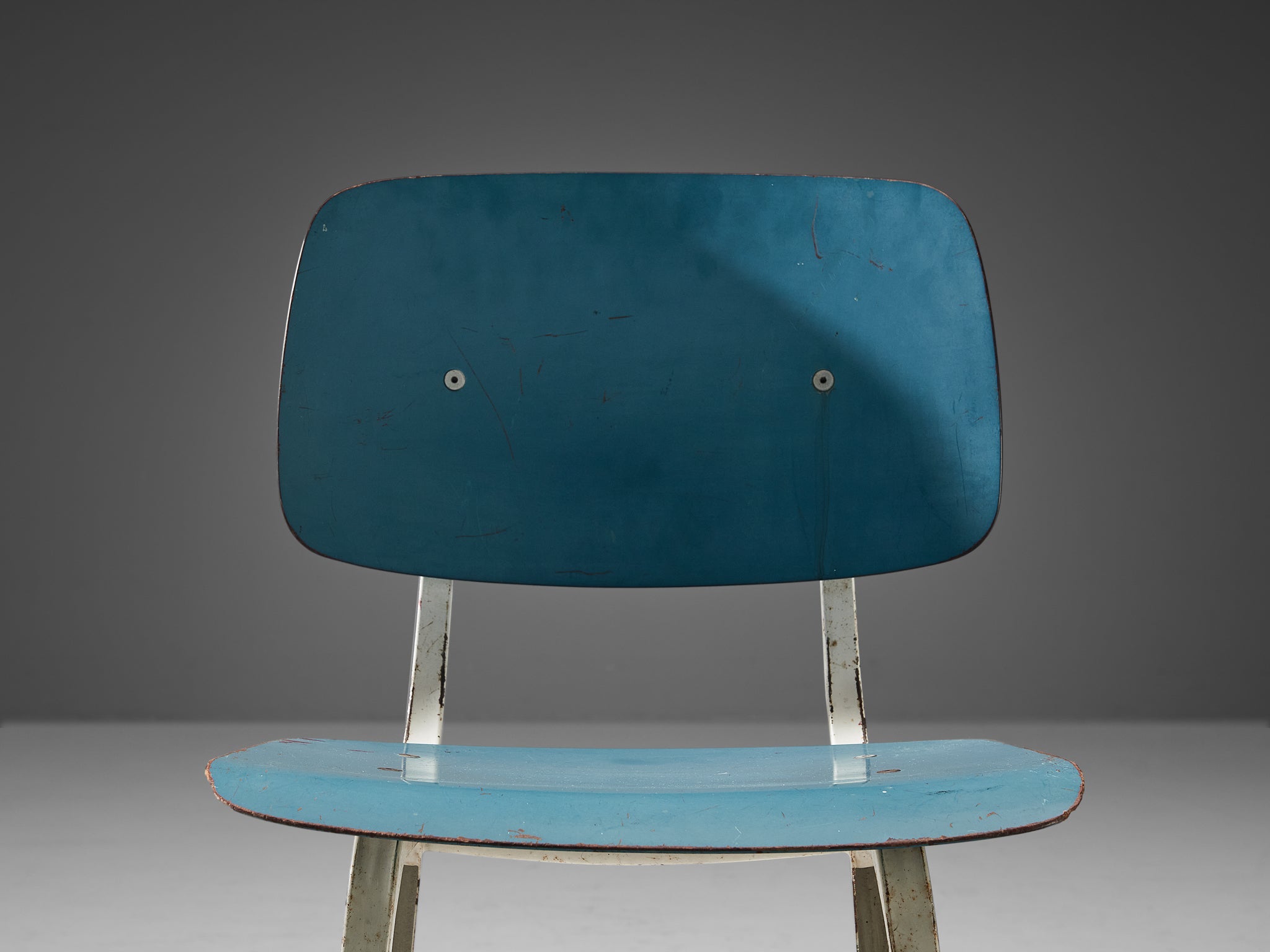 Friso Kramer Set of Eight 'Revolt' Dining Chairs in Metal and Blue Plywood seating Morentz