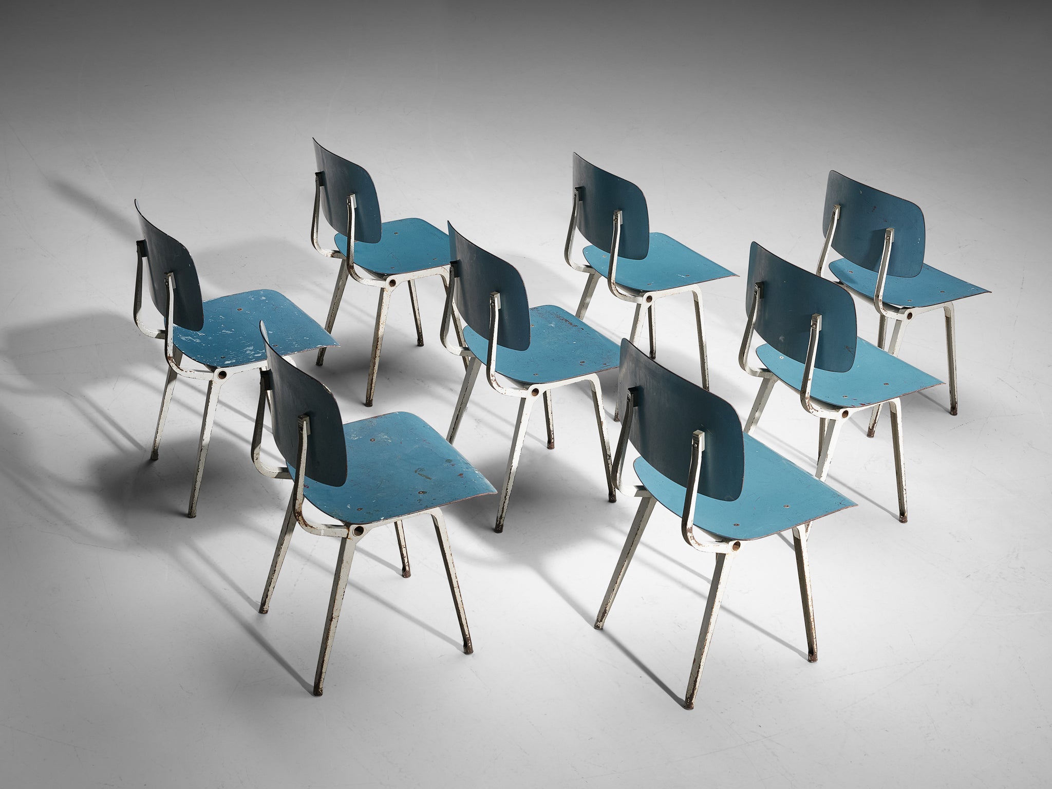 Friso Kramer Set of Eight 'Revolt' Dining Chairs in Metal and Blue Plywood seating Morentz